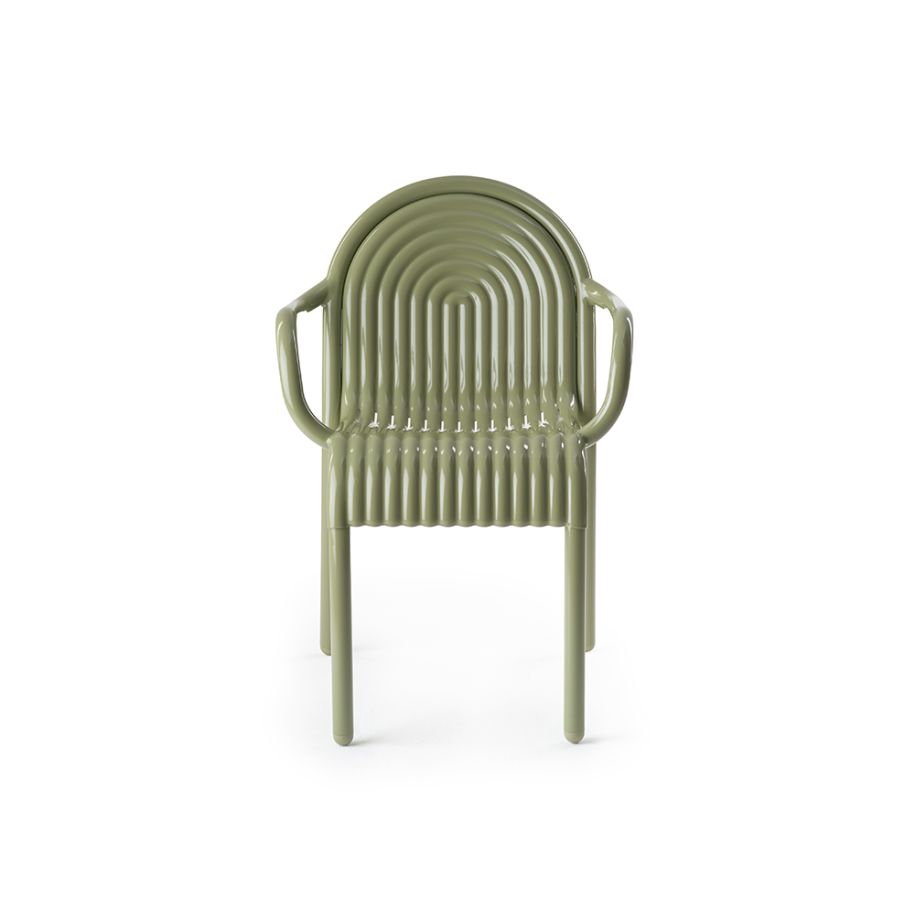 A chair with armrests outer green groove