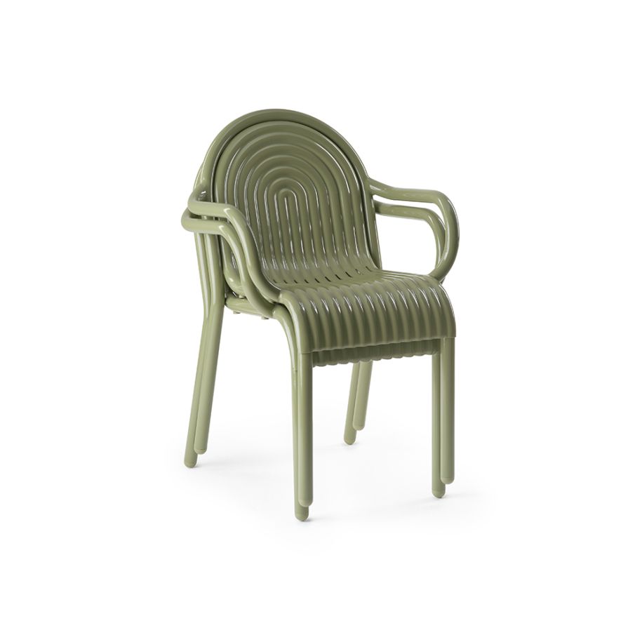 A chair with armrests outer green groove