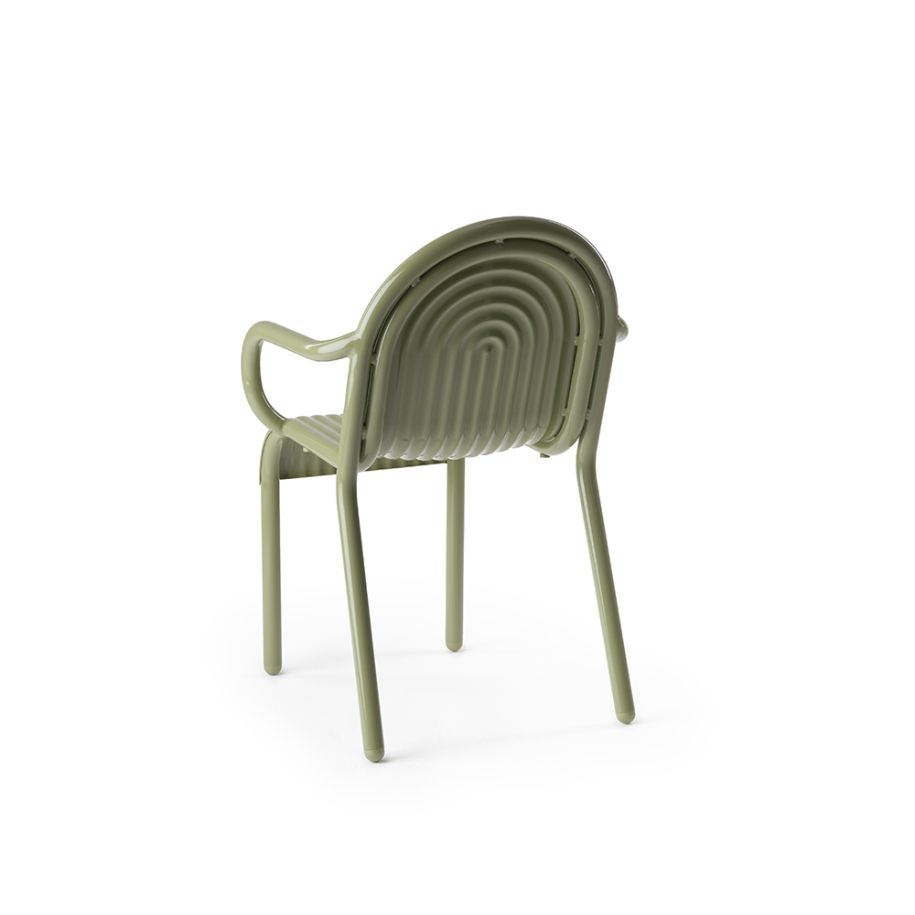 A chair with armrests outer green groove