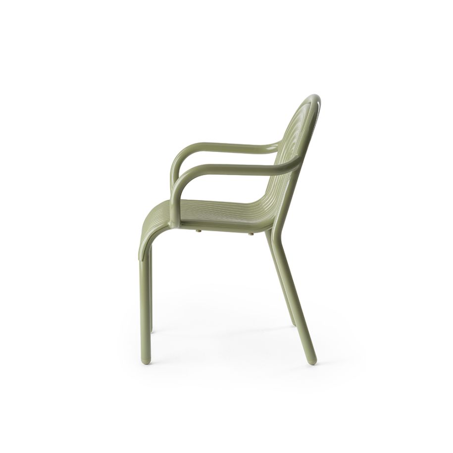 A chair with armrests outer green groove