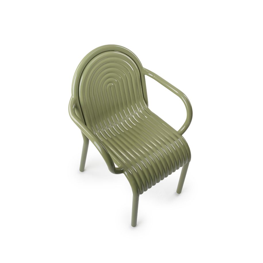 A chair with armrests outer green groove