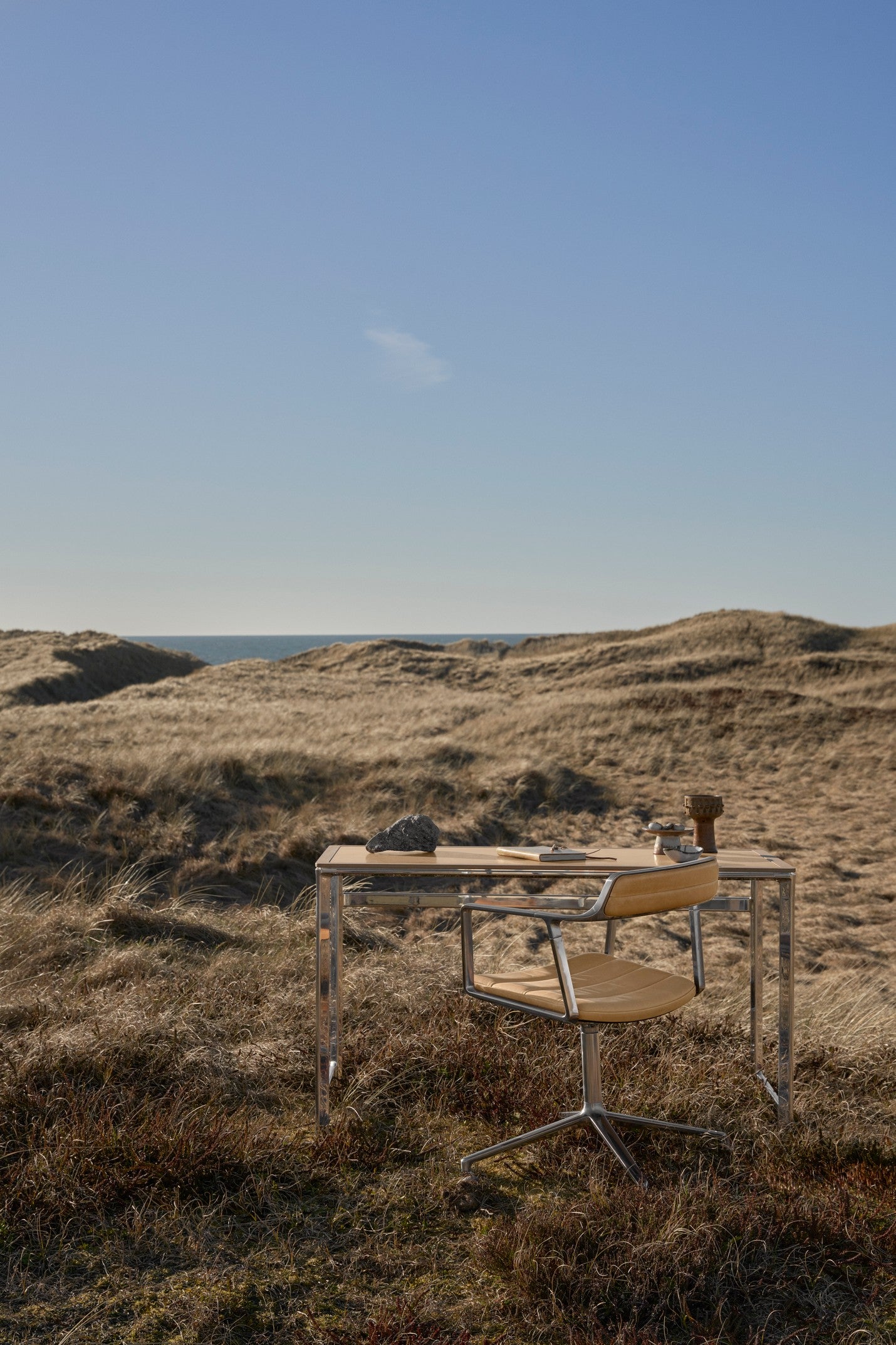 STUDIO Desk with Camel Leather Top, Oak Frame, and Aluminum Base
