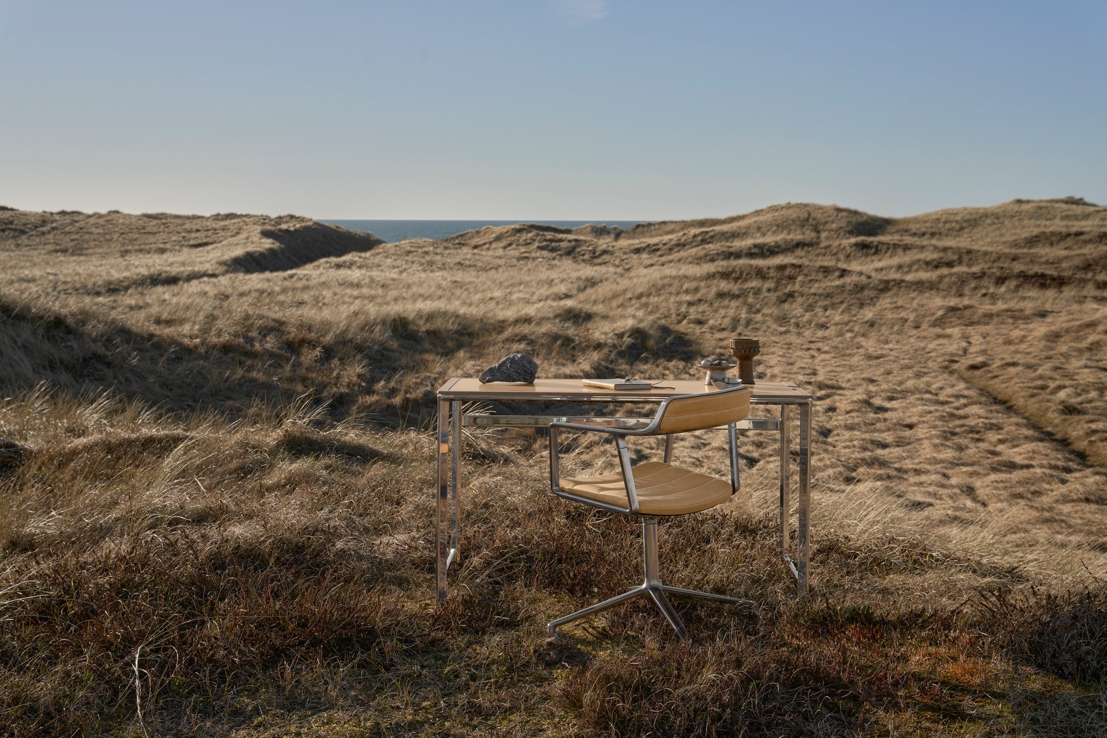 STUDIO Desk with Camel Leather Top, Oak Frame, and Aluminum Base