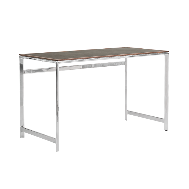 Schreibtisch STUDIO grüner Lederoberfläche mit Nussbaumrahmen und Aluminiumfuß