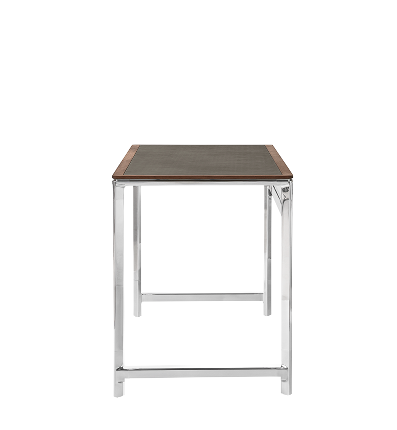 Schreibtisch STUDIO grüner Lederoberfläche mit Nussbaumrahmen und Aluminiumfuß