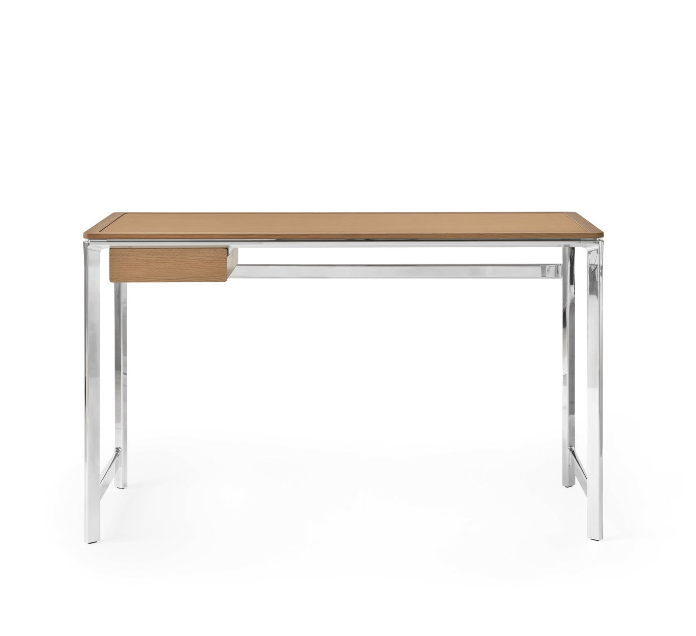 STUDIO Desk with Camel Leather Top, Oak Frame, and Aluminum Base