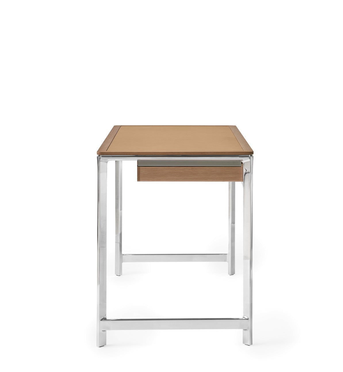 STUDIO Desk with Camel Leather Top, Oak Frame, and Aluminum Base