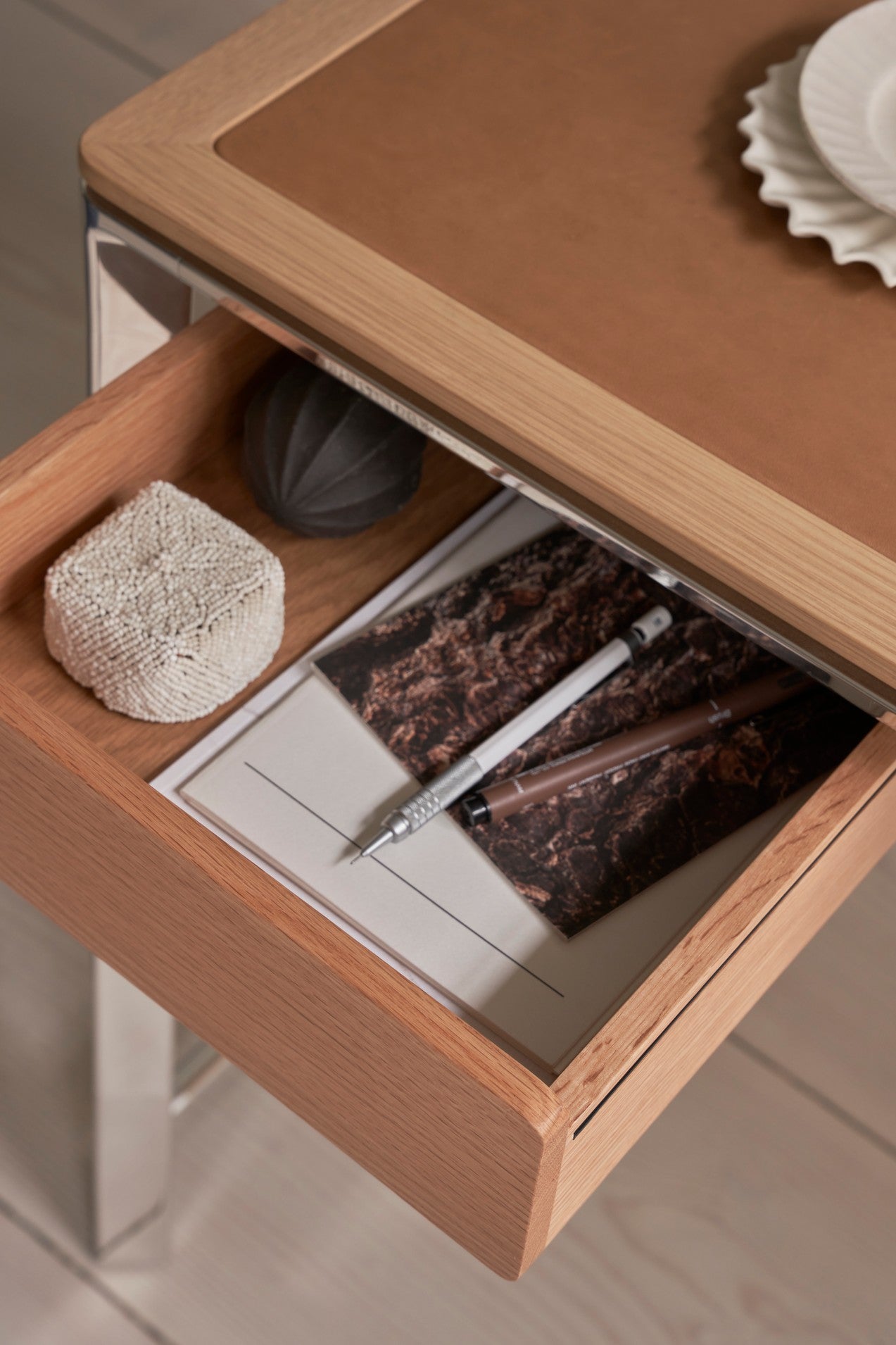 STUDIO Desk with Camel Leather Top, Oak Frame, and Aluminum Base