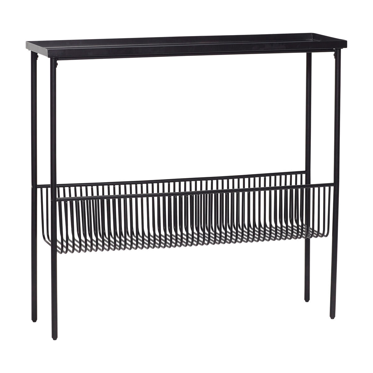 The Eyrie console is an original piece of furniture that will be a functional decoration of every home. Made entirely of black metal. Thanks to this, it gains a universal character, matching classic and currently designed interiors. It is distinguished by the lower, translucent shelf. It emphasizes not only the minimalist appearance, but also creates space for various items. From the place to storing trinkets in the hallway or bathroom, to the function of a dressing table or bedside table in the bedroom.