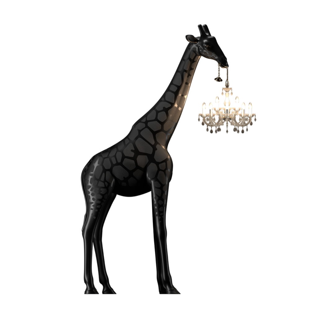 Giraffe in Love is a phenomenal lamp, designed by Marcantonio, with the size of the authentic young giraffe. The majestic giraffe holds a chandelier in the style of Maria Teresa in a miniature version. This is the perfect combination of good design with functionality.