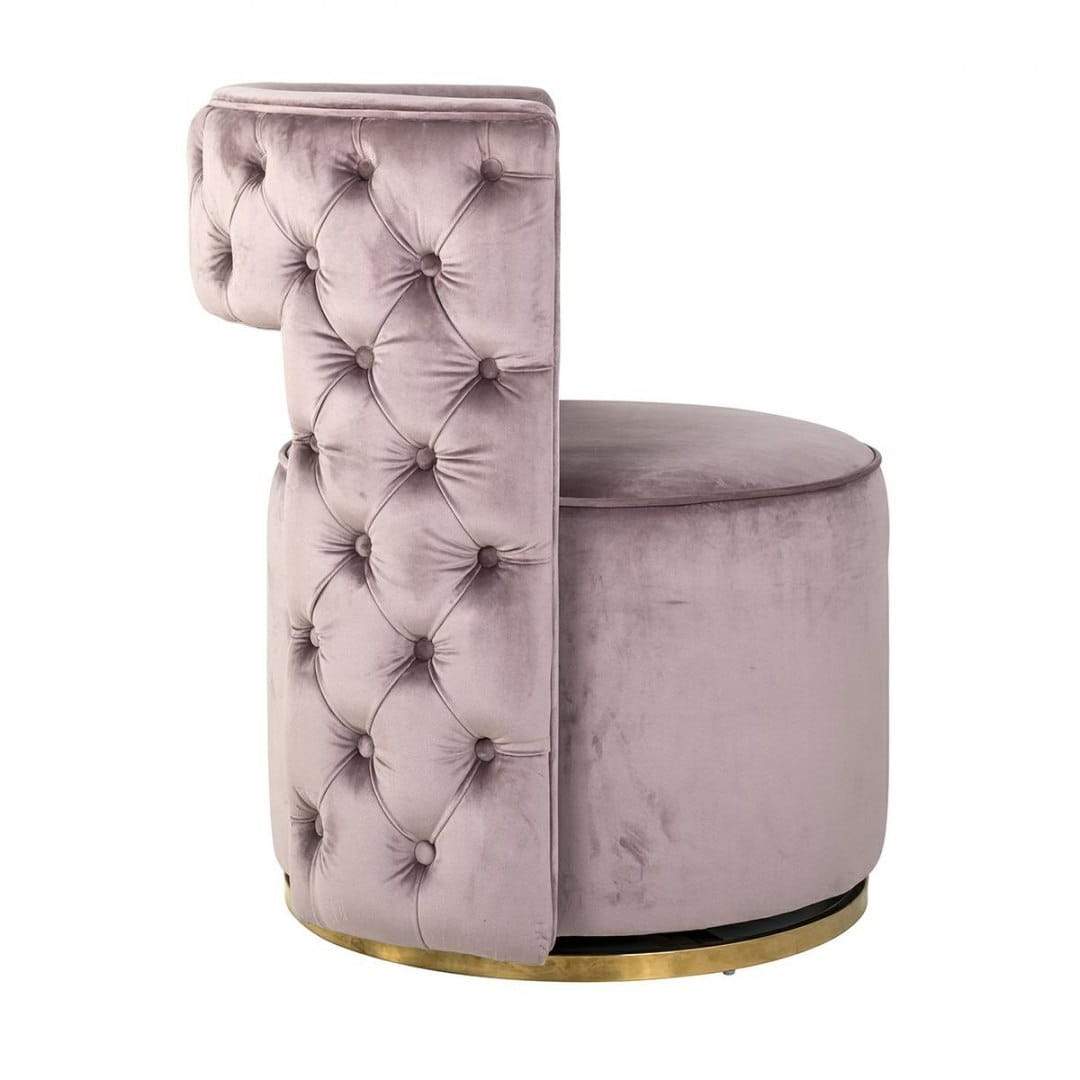 A velor, rotary armchair with quilted upholstery in the glamor style. Jamie undoubtedly fits into the top of the latest trends. The buttons at the back of the chair create a beautiful pattern that gives it a unique character. This unusual armchair, with a base in gold, ideally suited to the living room and bedroom.