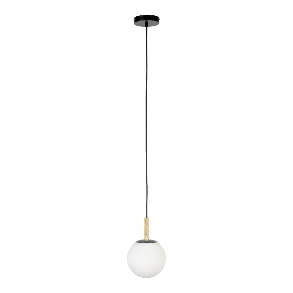 Orion is a unique hanging lamp that will complement any modern dining room. A great place to hang it is the space above the table. Thanks to its design, it is also great in a minimalist bedroom. A glass lampshade in milk will bring an elegance to every home. Metal elements along with embossed brass details will not overwhelm any room, even when a few are hanged side by side.