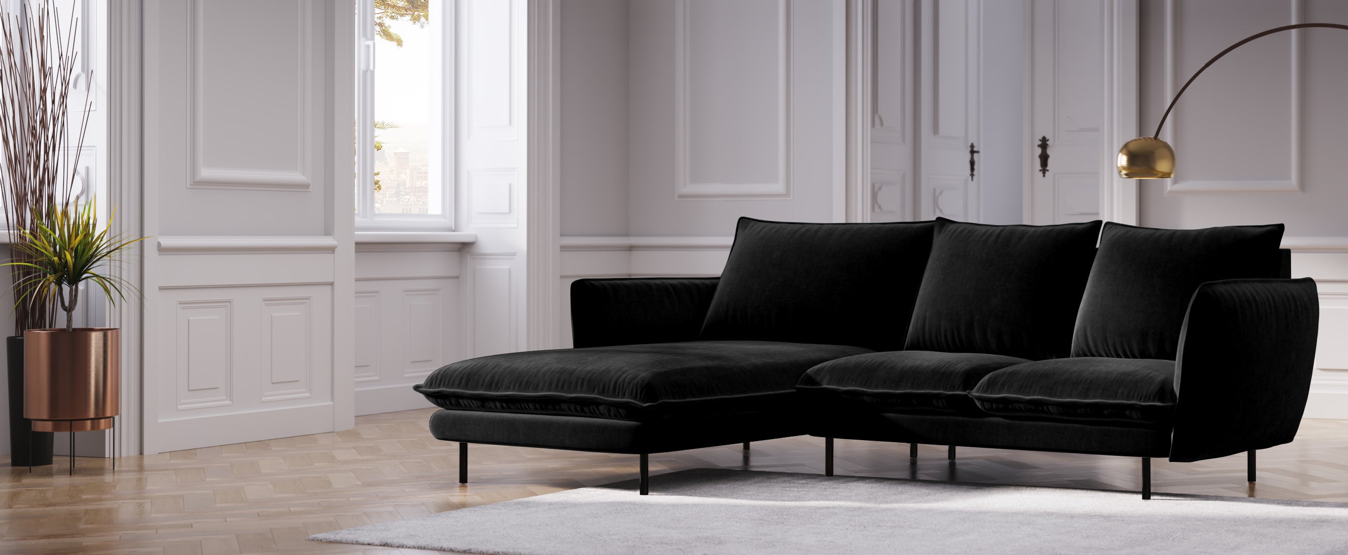 VIENNA left-hand velvet corner sofa black with black base