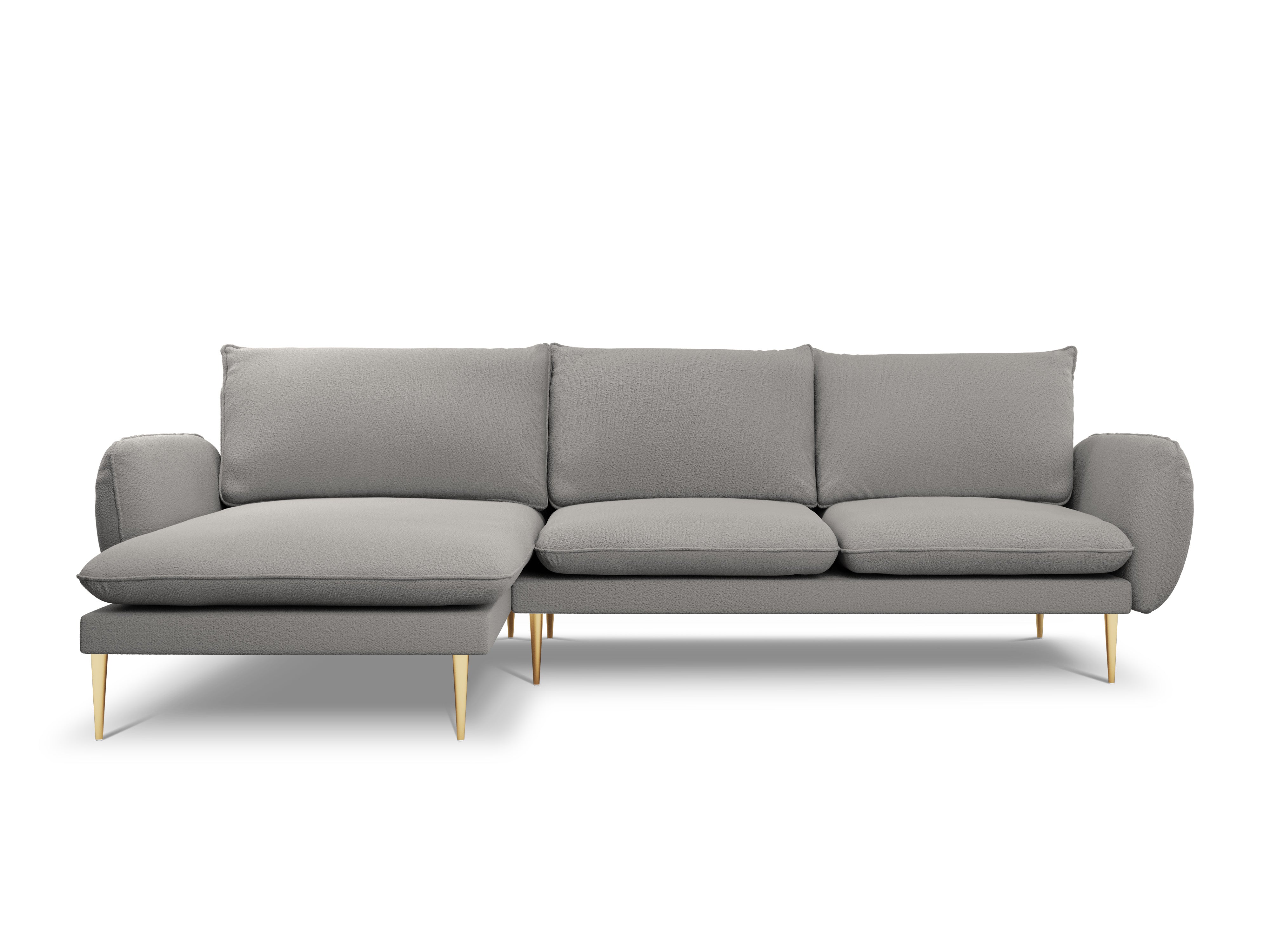 Corner sofa in boucle fabric left side VIENNA grey with gold base
