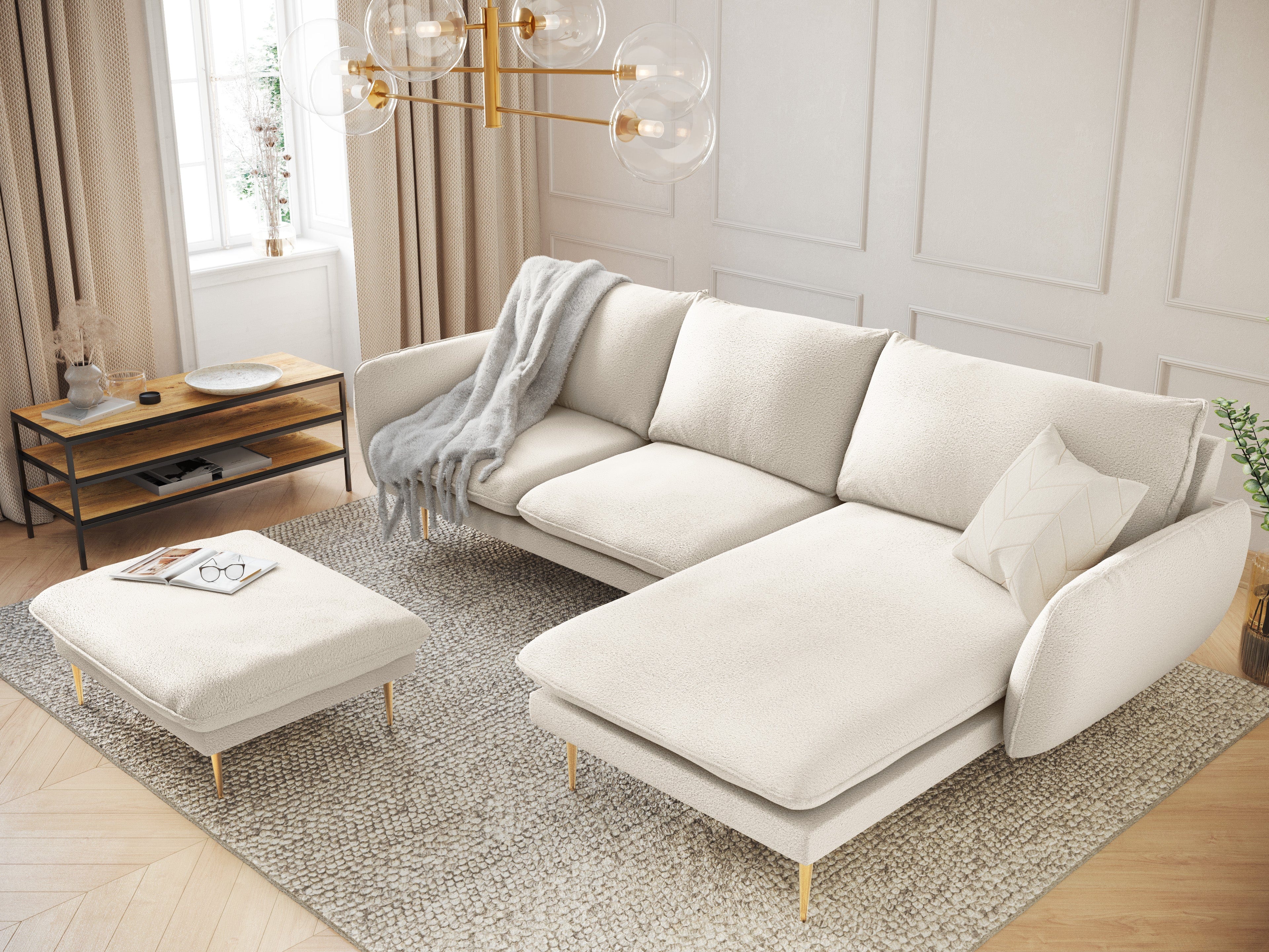 Corner sofa in boucle fabric right side VIENNA beige with gold base