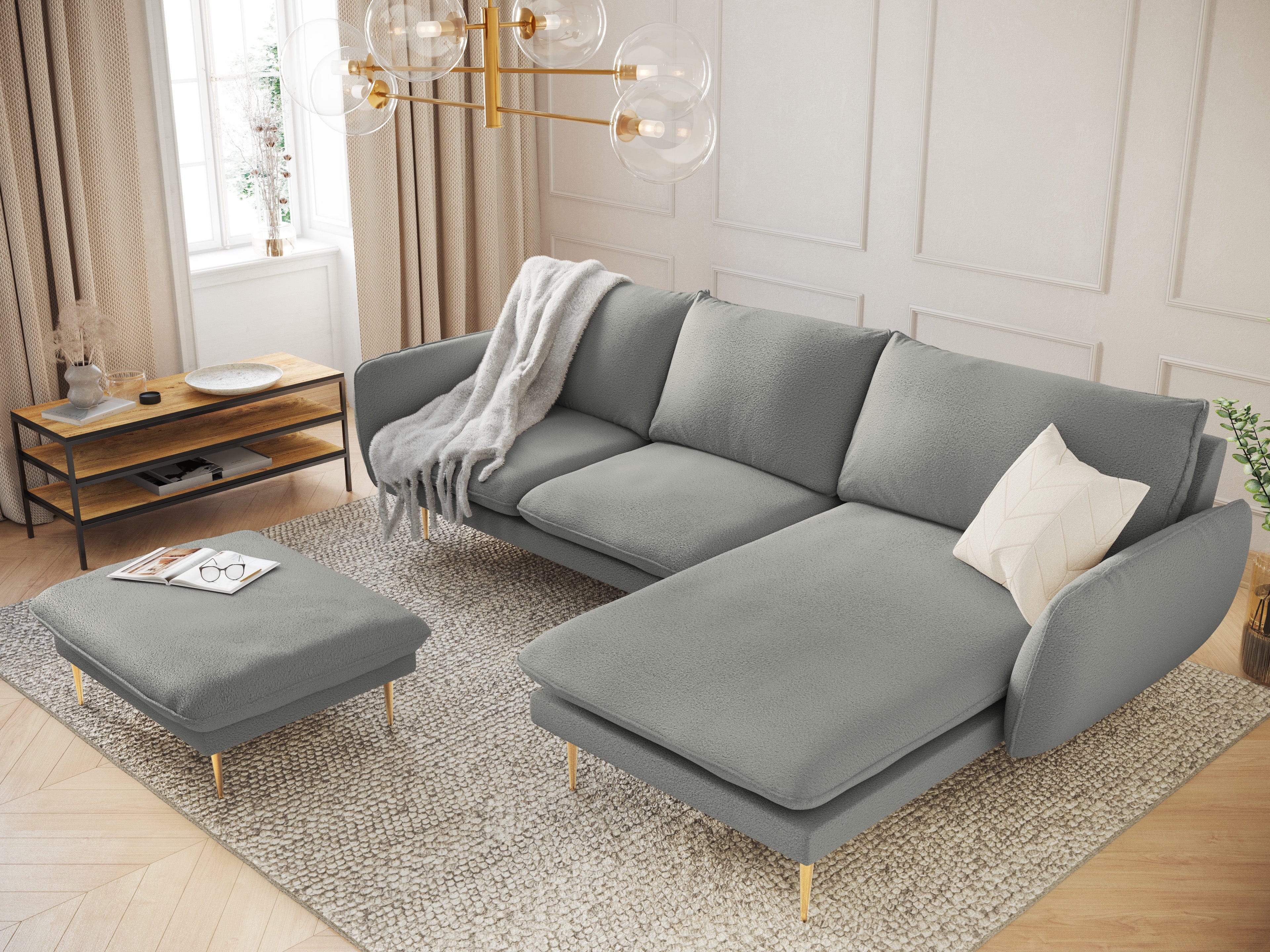 Corner sofa in boucle fabric right side VIENNA grey with gold base