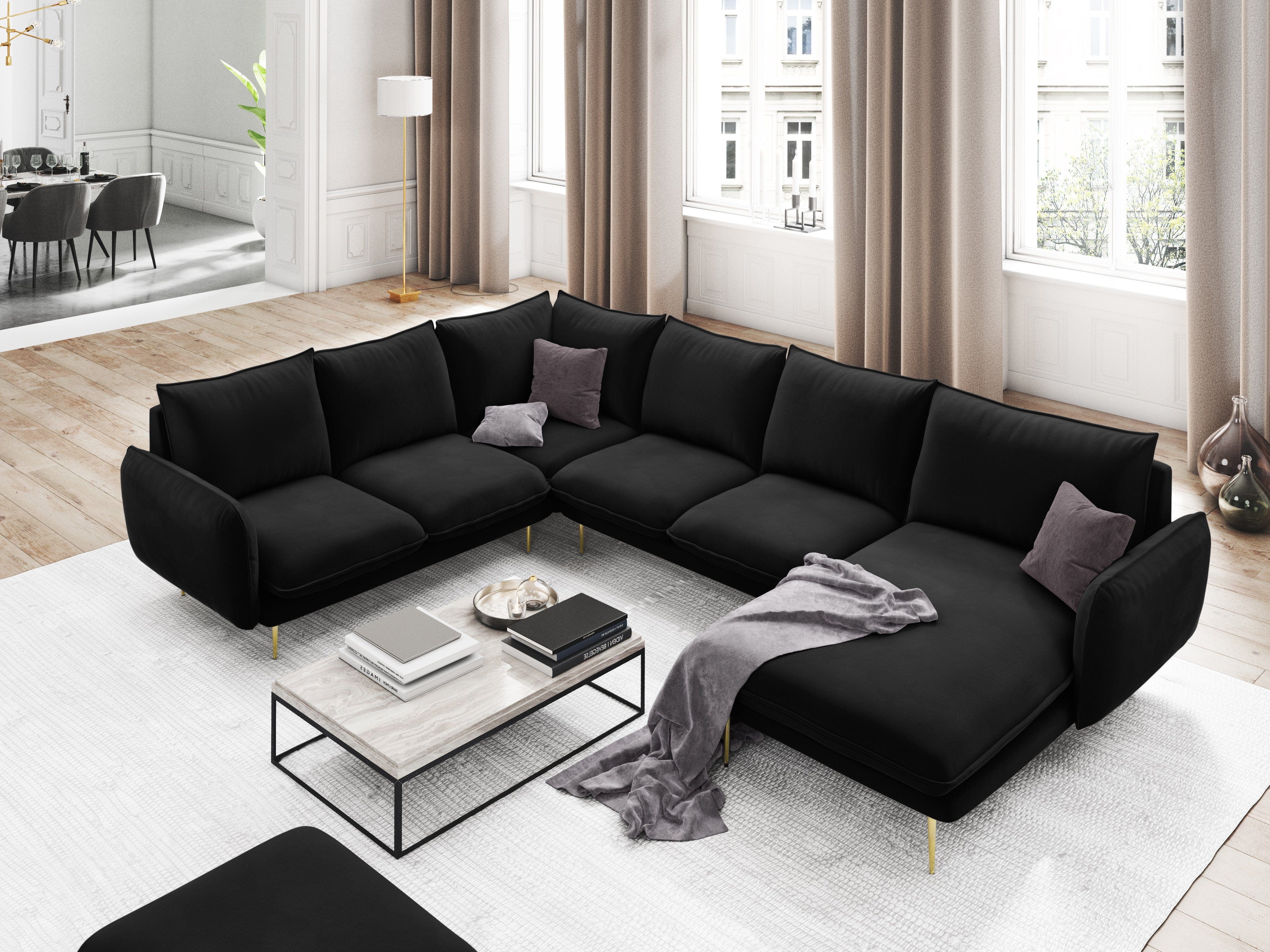 Left side velvet panoramic corner sofa VIENNA black with gold base