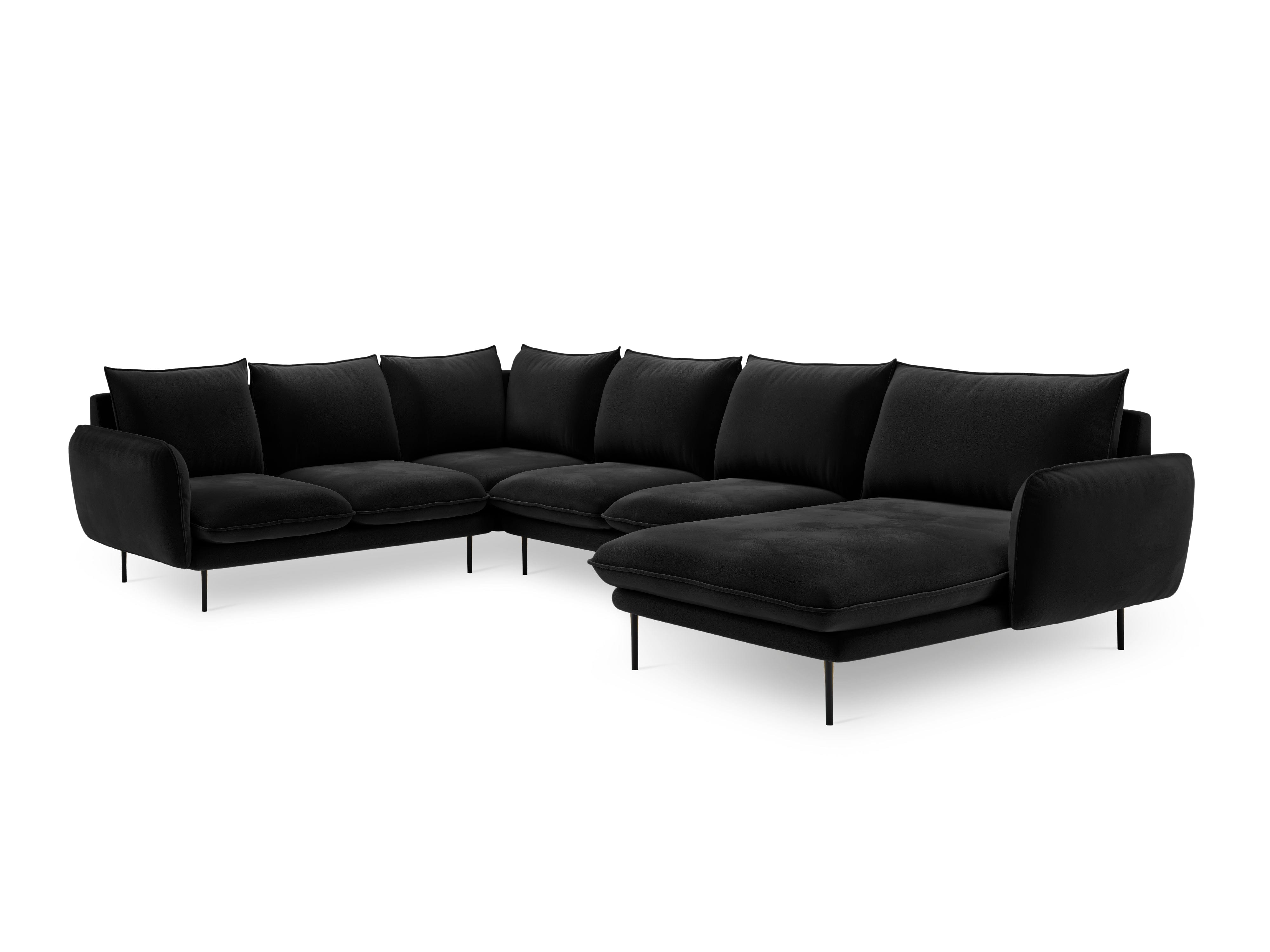 Left side velvet panoramic corner sofa VIENNA black with black base