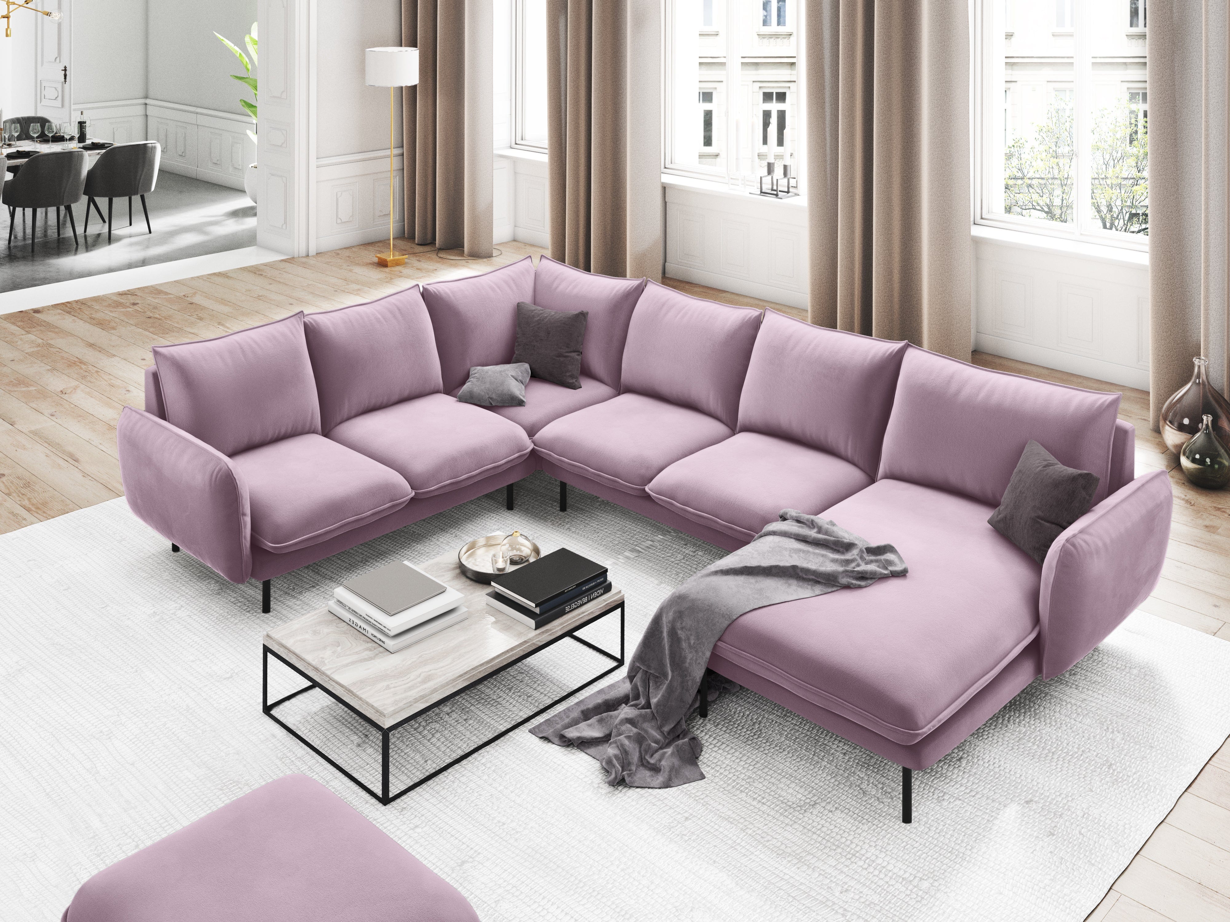 Left side velvet panoramic corner sofa VIENNA powder pink with black base