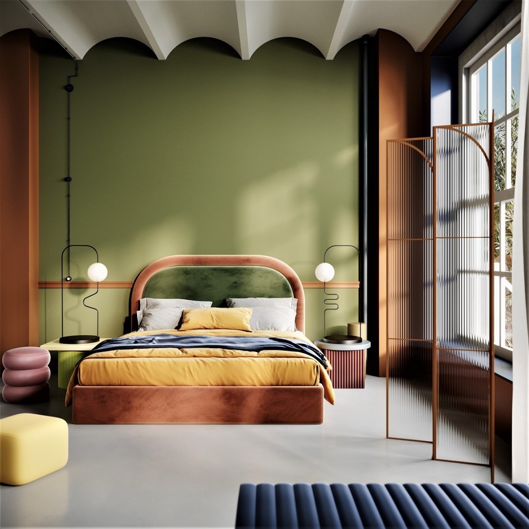 Upholstered bed MILO green-pink