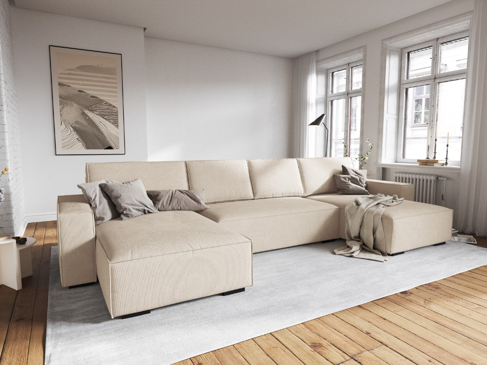 U-shaped corduroy corner sofa with sleeping function EVELINE beige