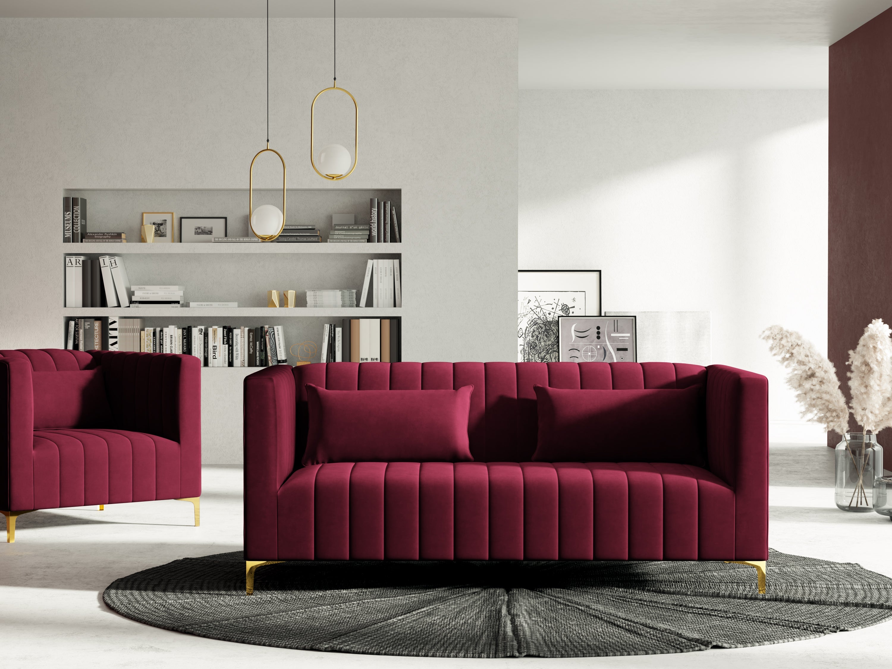 dark red velvet art deco sofa