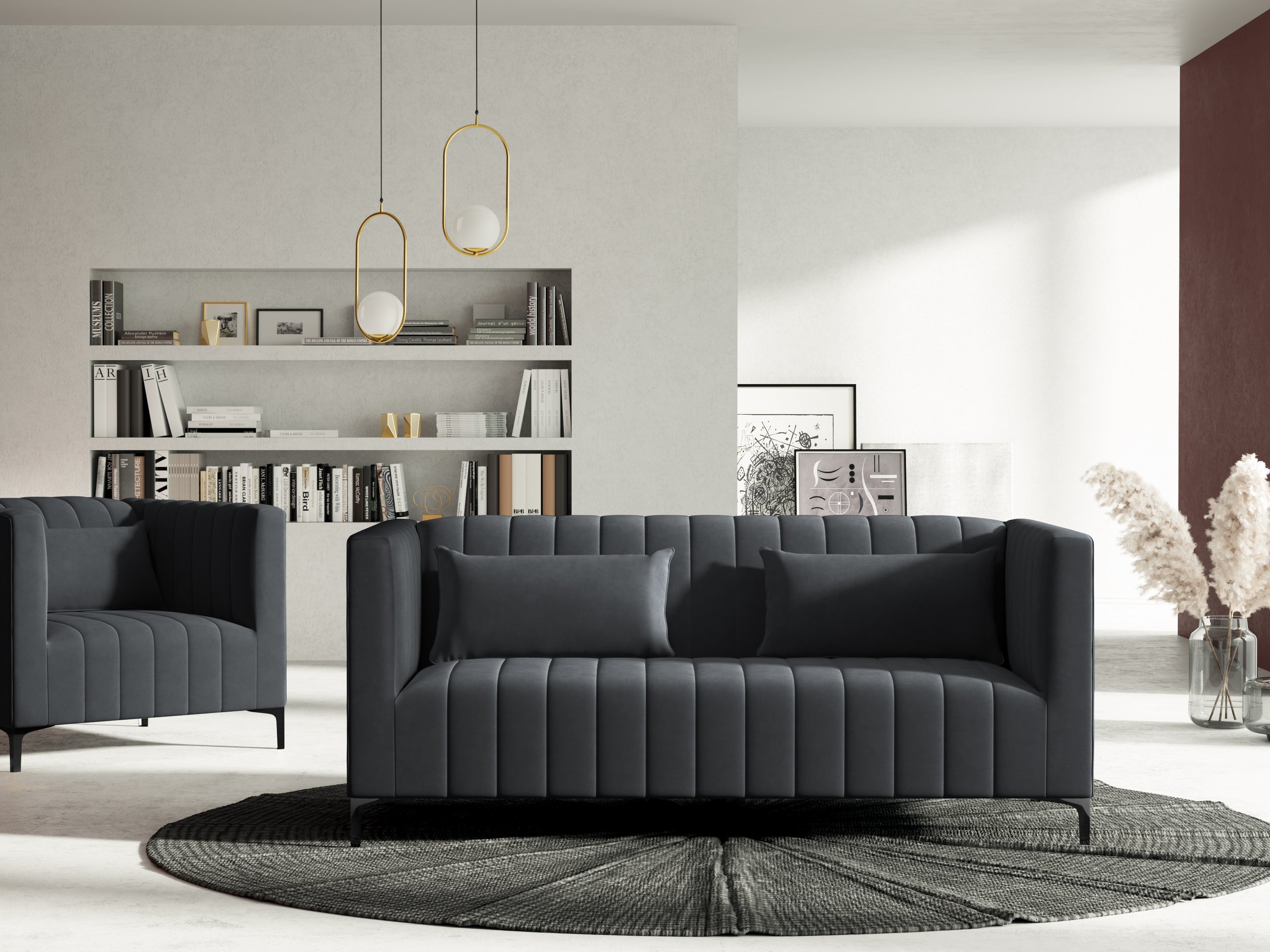 velvet dark gray art deco sofa