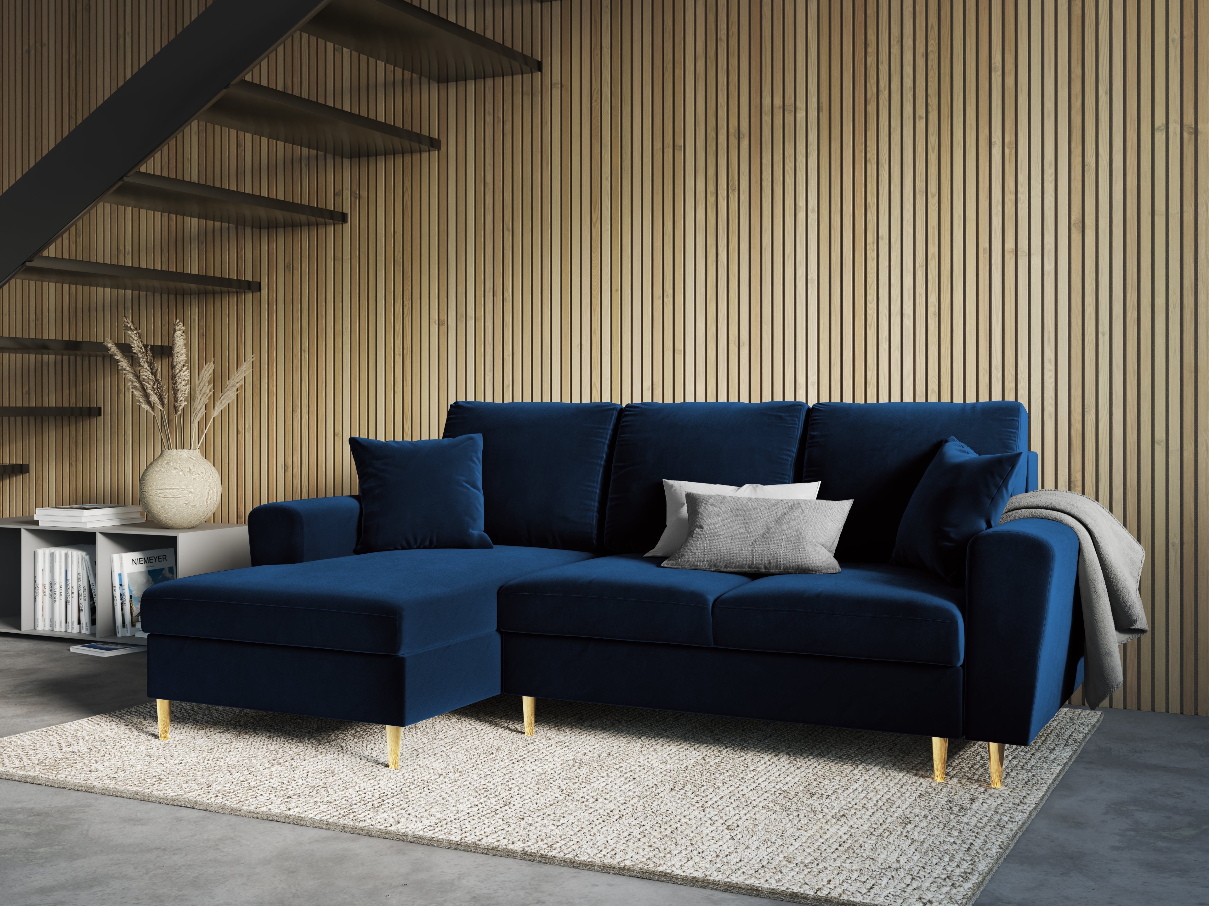 Corner sofa with sleeping function velvet navy blue