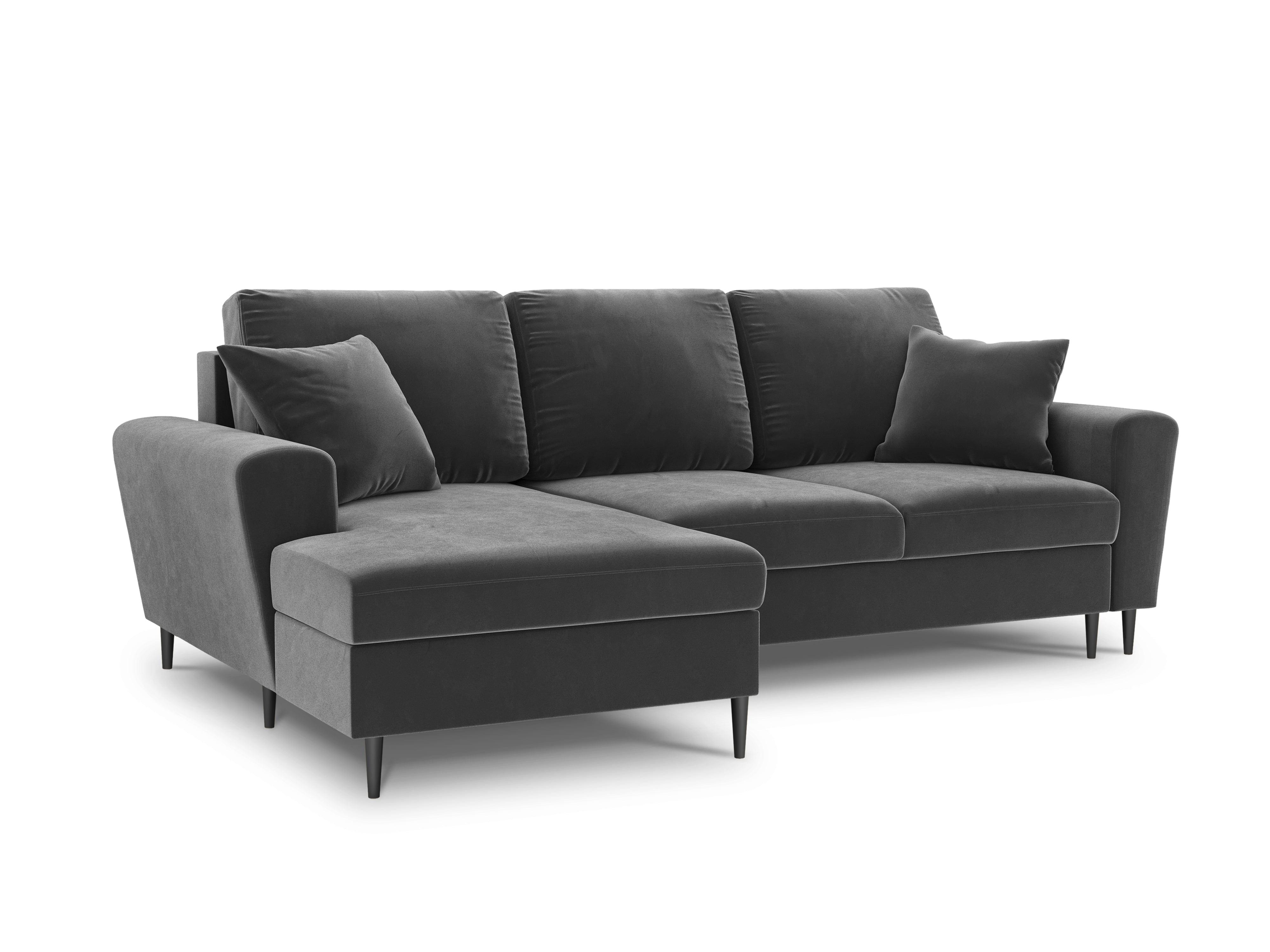 Left-hand corner velvet sofa with sleeping function KYOTO light grey with black base