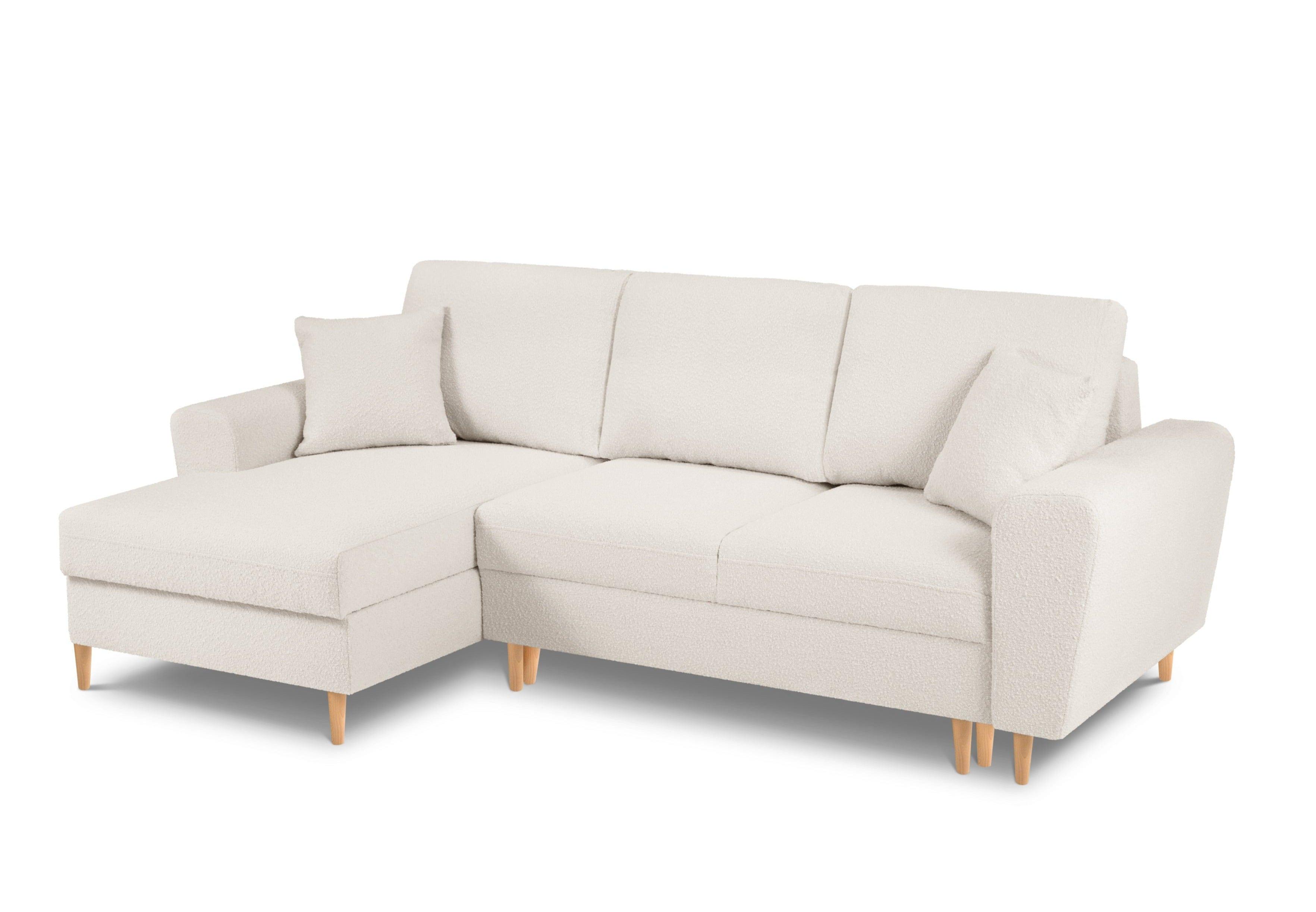 Left corner sofa with sleeping function KYOTO beige bouclé with wooden base