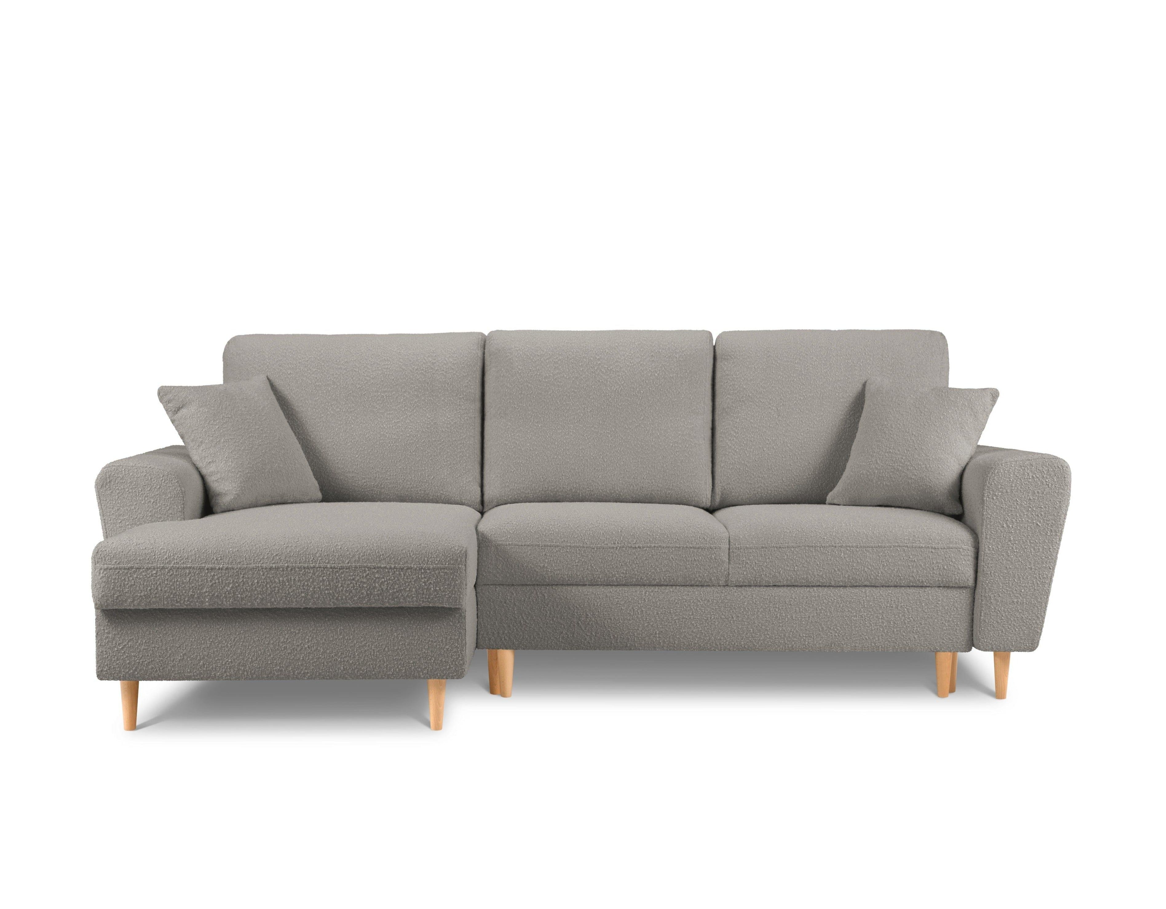 Left corner sofa with sleeping function KYOTO grey bouclé with wooden base