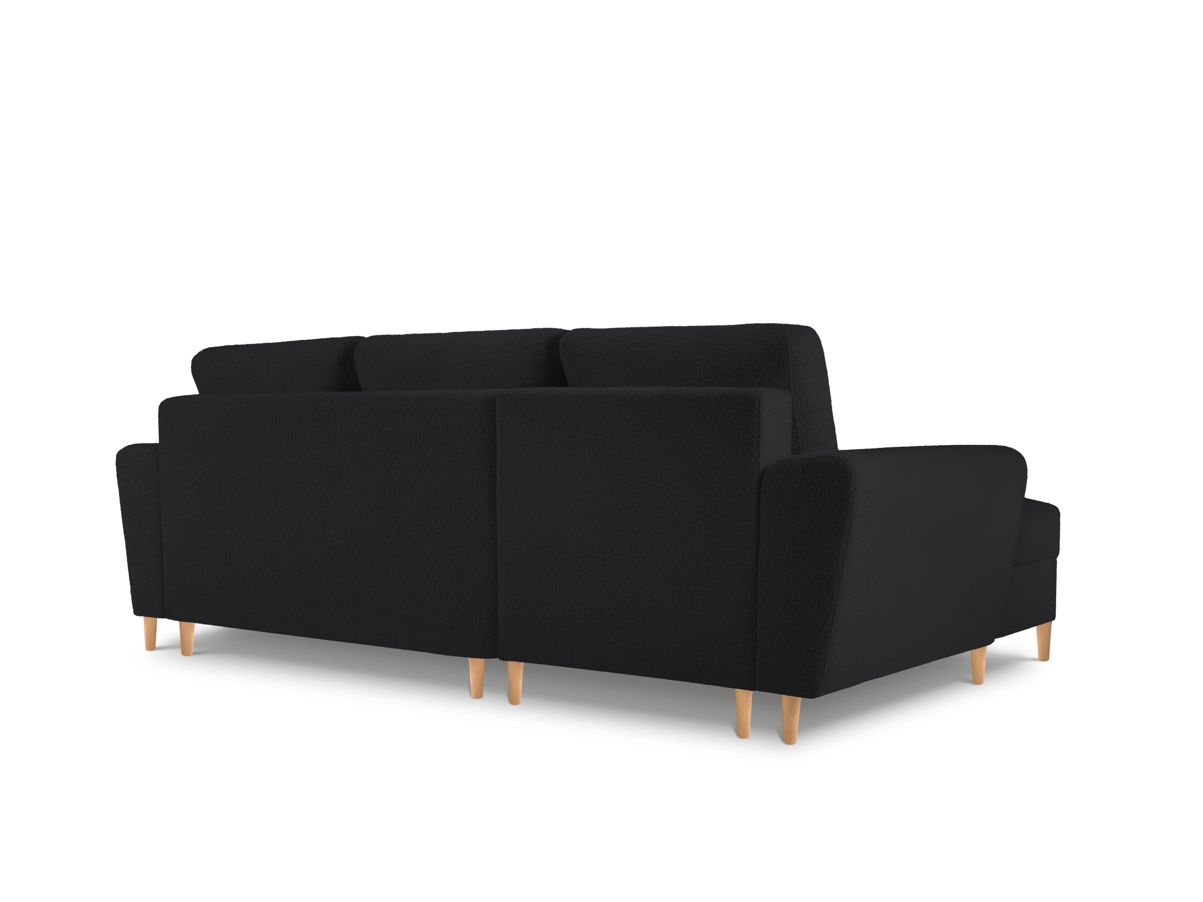 Left corner sofa with sleeping function KYOTO black bouclé with wooden base