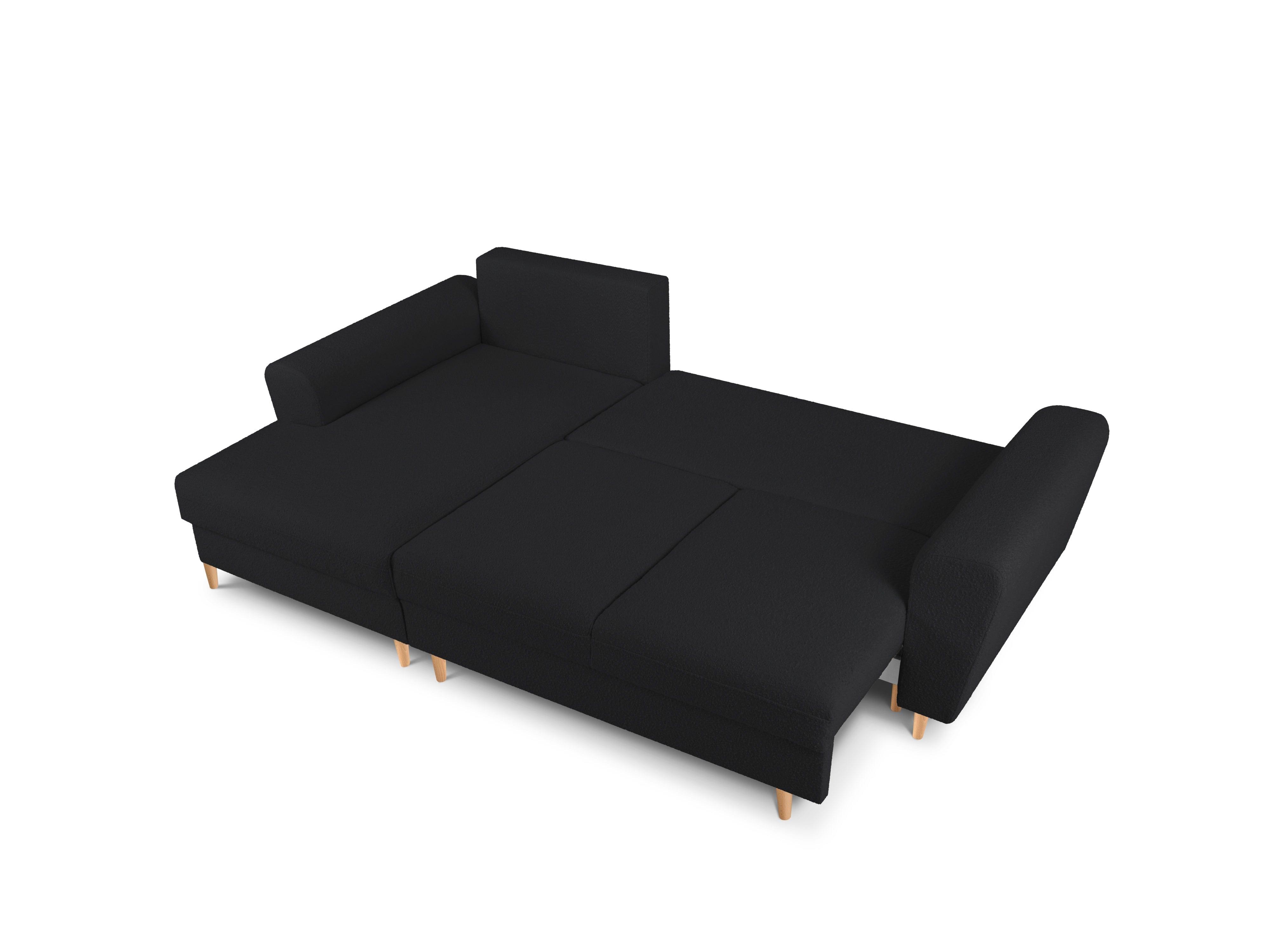 Left corner sofa with sleeping function KYOTO black bouclé with wooden base