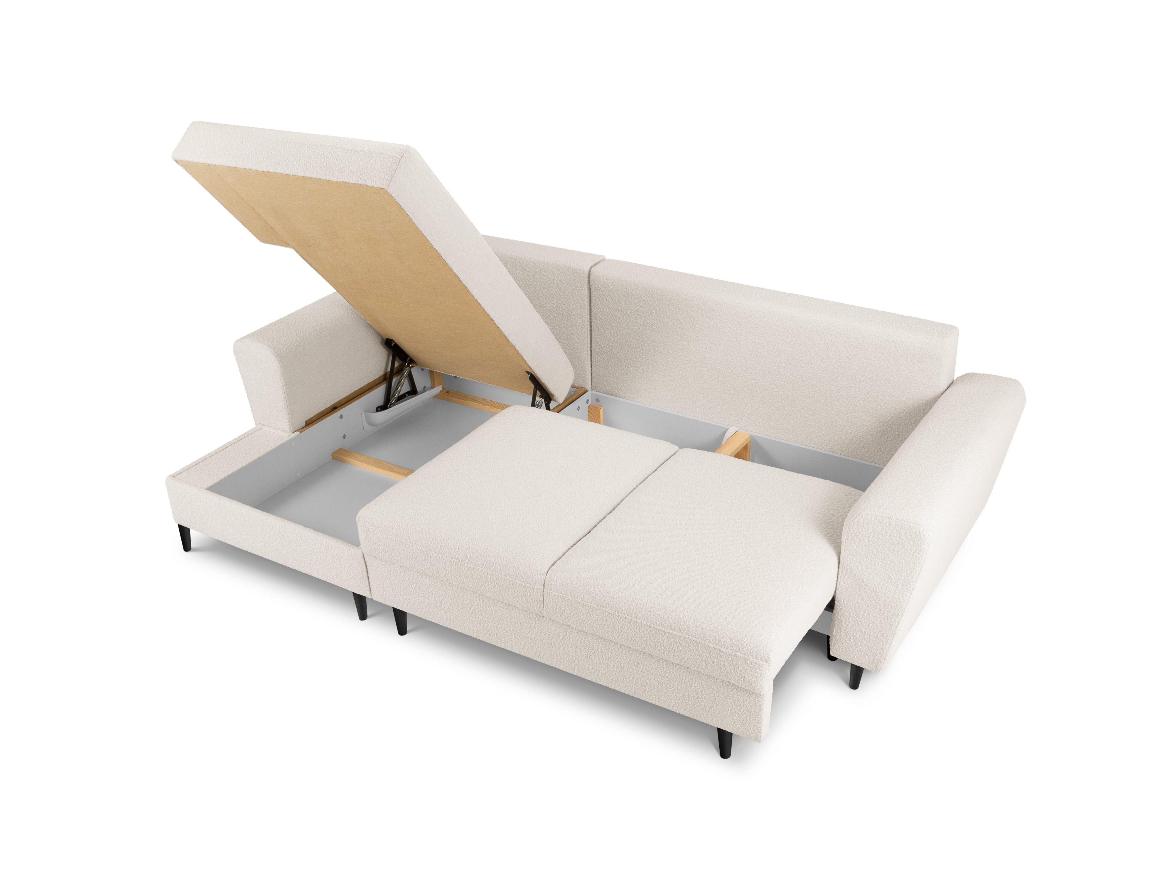 A corner sofa with beige containers