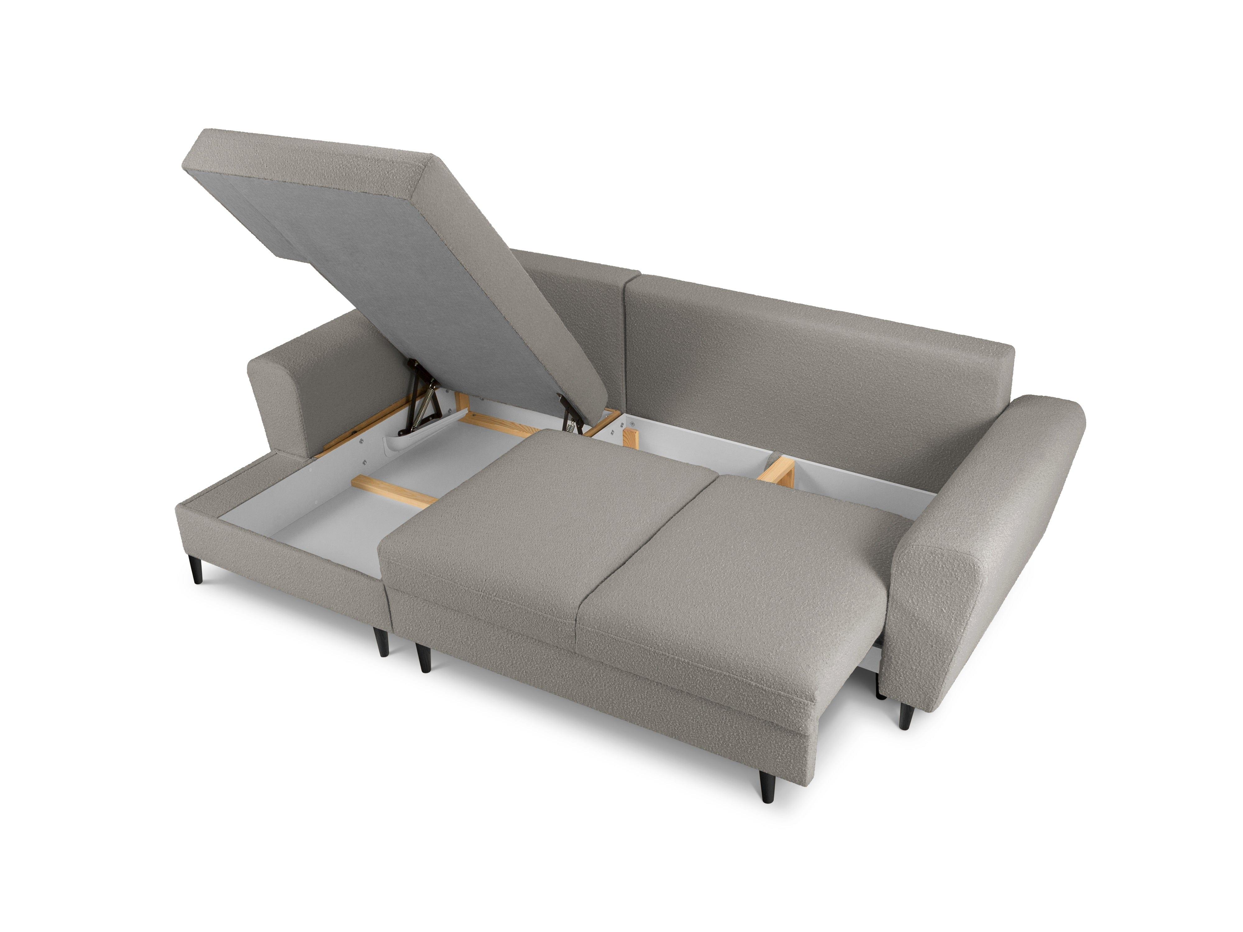 Left corner sofa with sleeping function KYOTO grey bouclé with black base