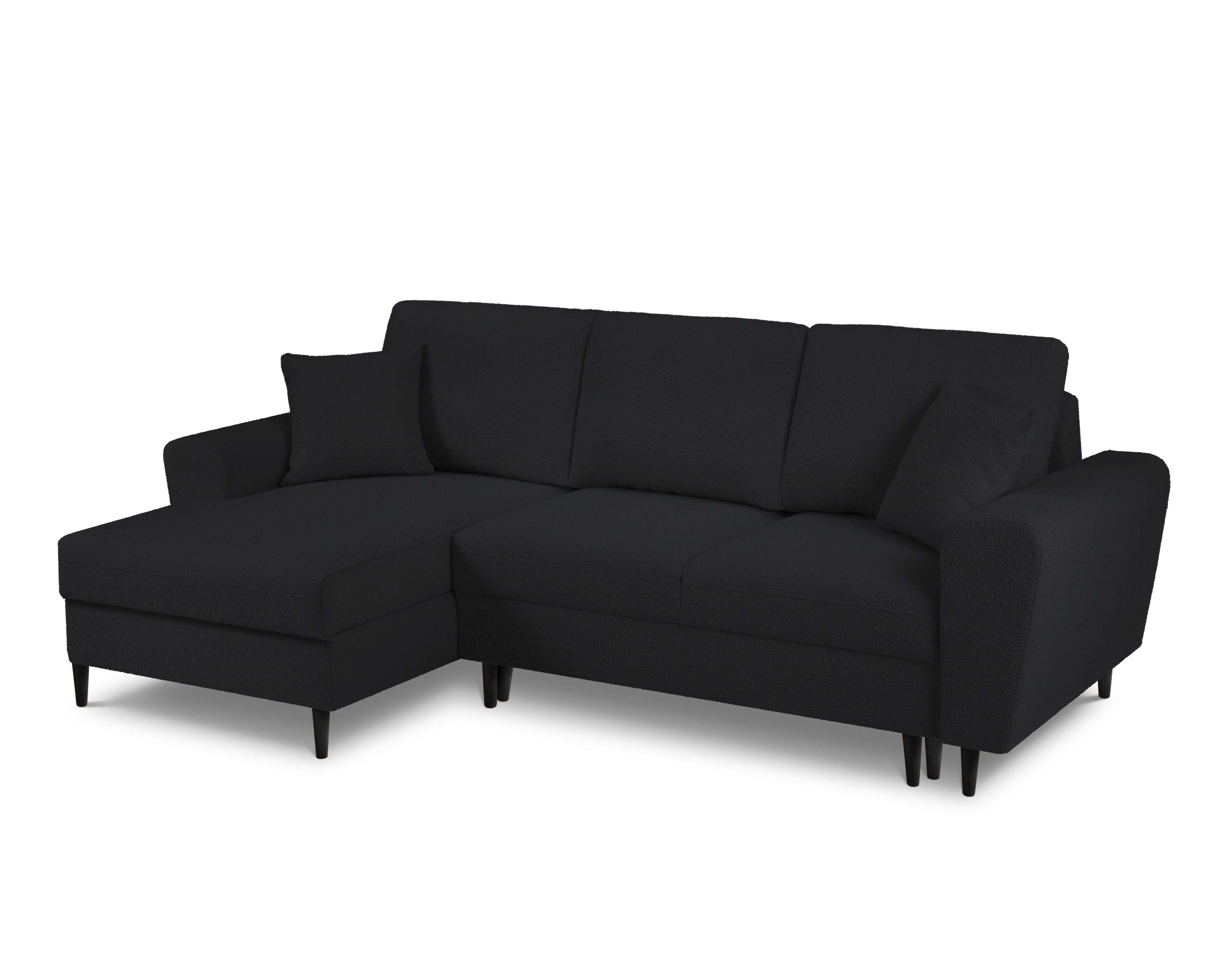 Left corner sofa with sleeping function KYOTO black bouclé with black base
