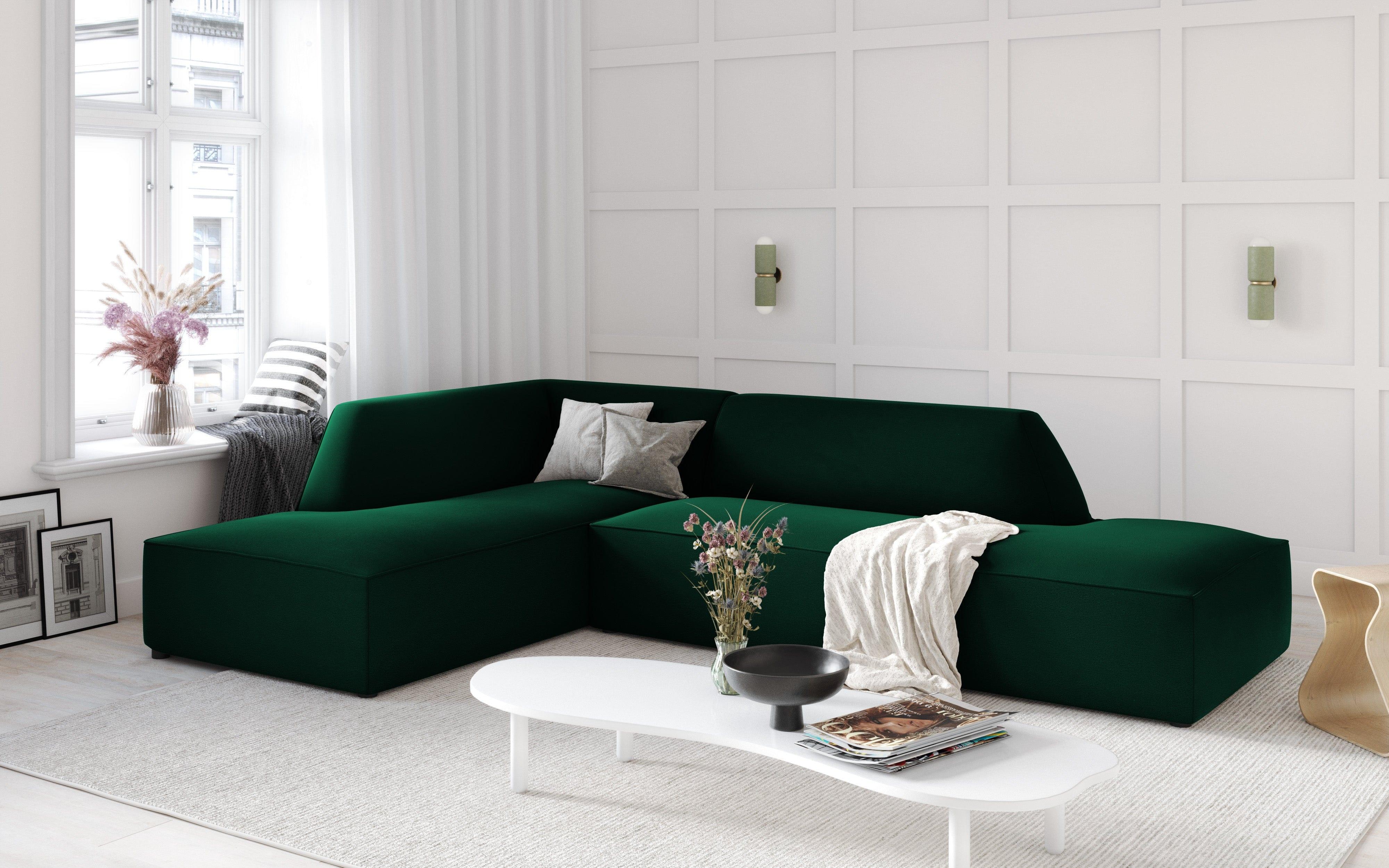 Sofa narożna aksamitna lewostronna RUBY butelkowa zieleń Micadoni    Eye on Design