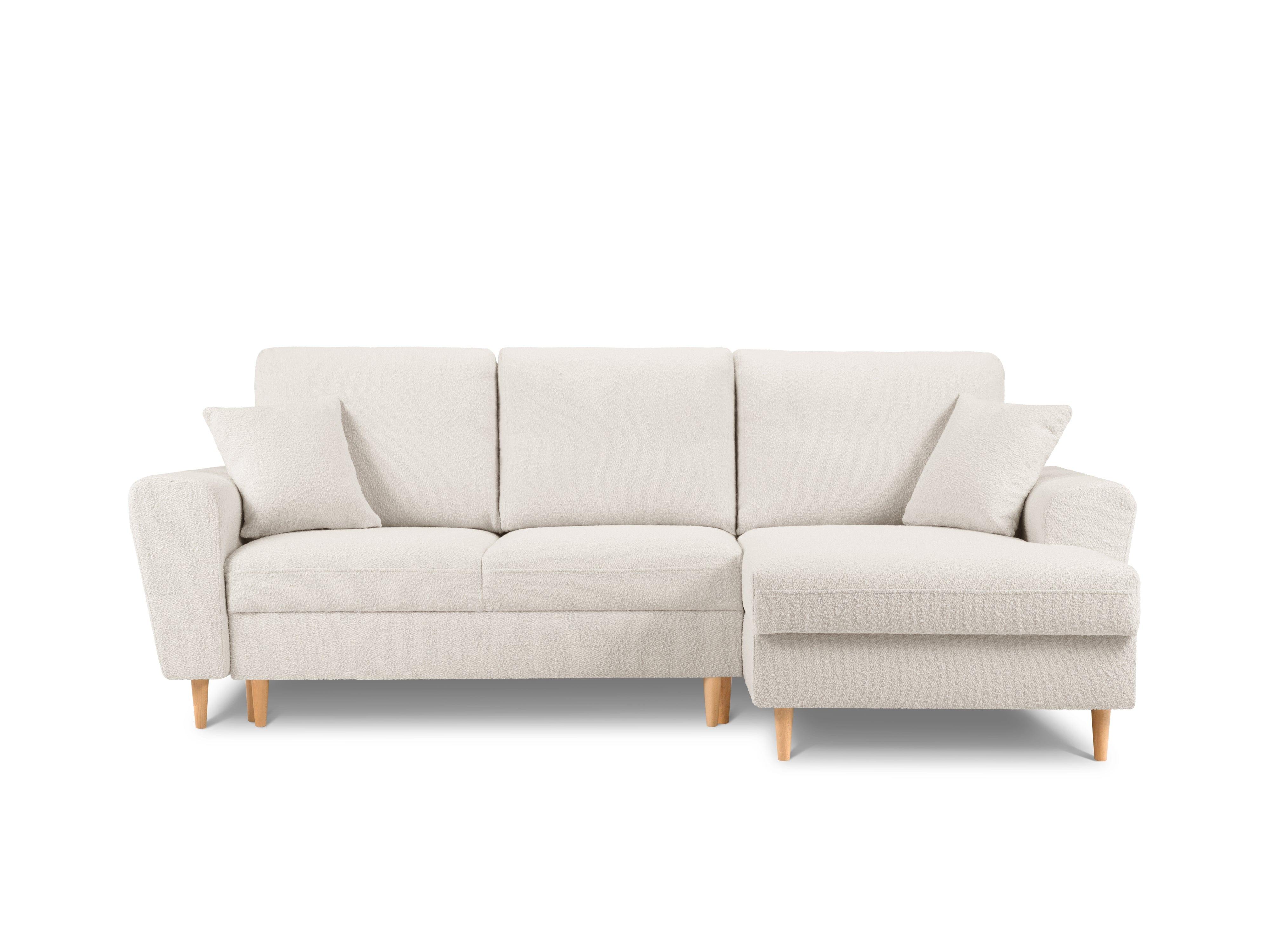 Right corner sofa with sleeping function KYOTO beige bouclé with wooden base
