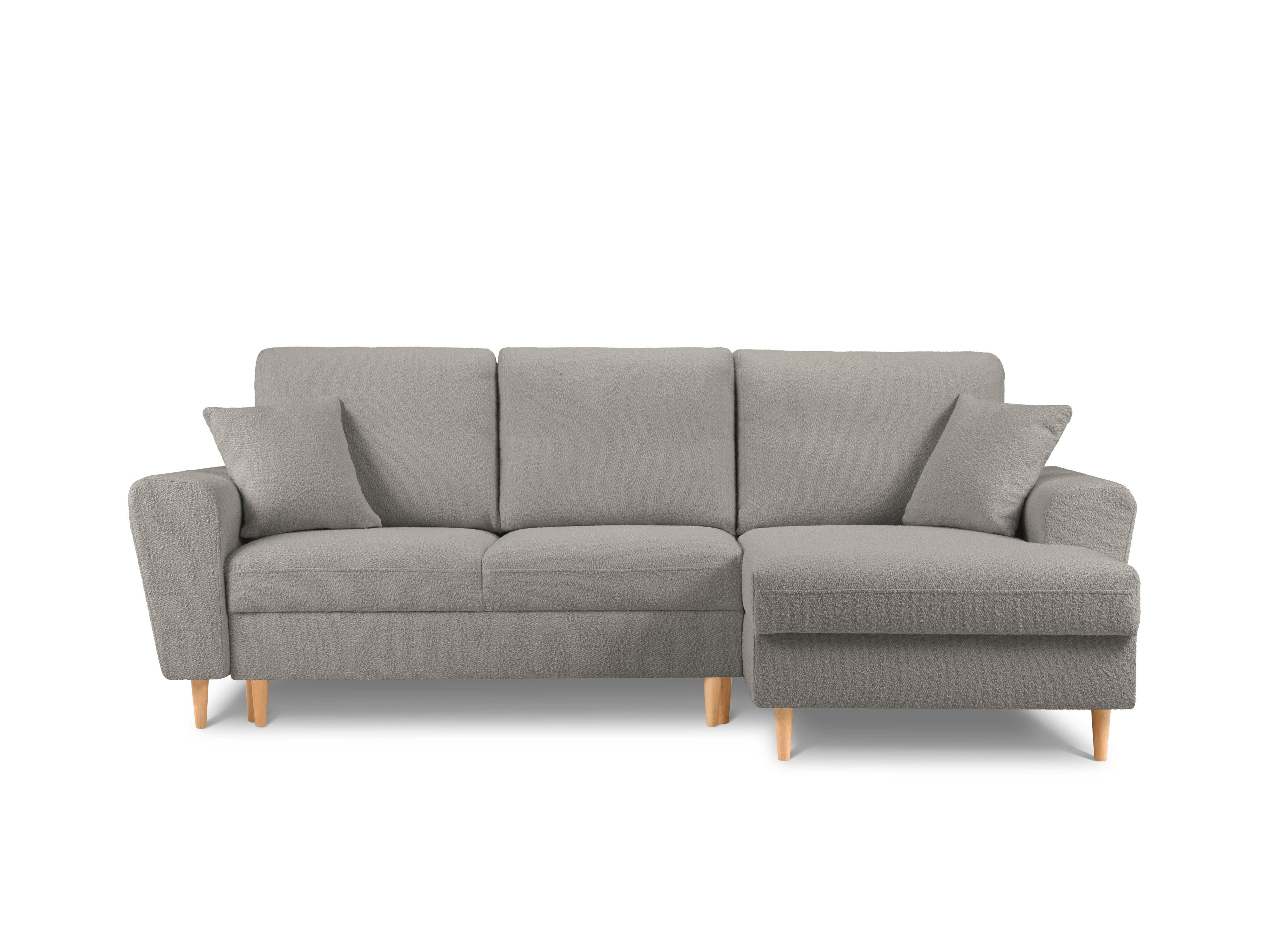 Right corner sofa with sleeping function KYOTO grey bouclé with wooden base