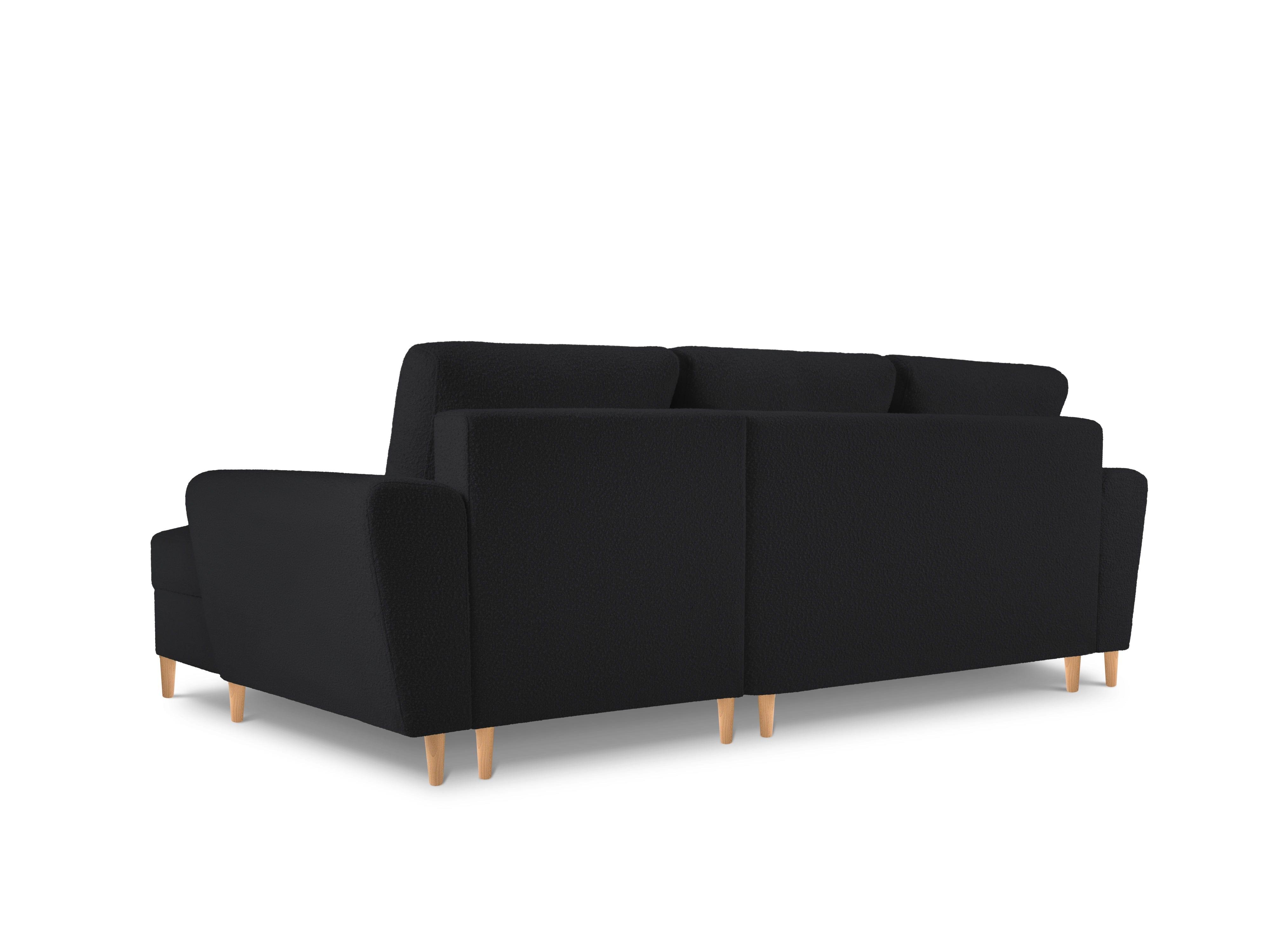 Right corner sofa with sleeping function KYOTO black bouclé with wooden base