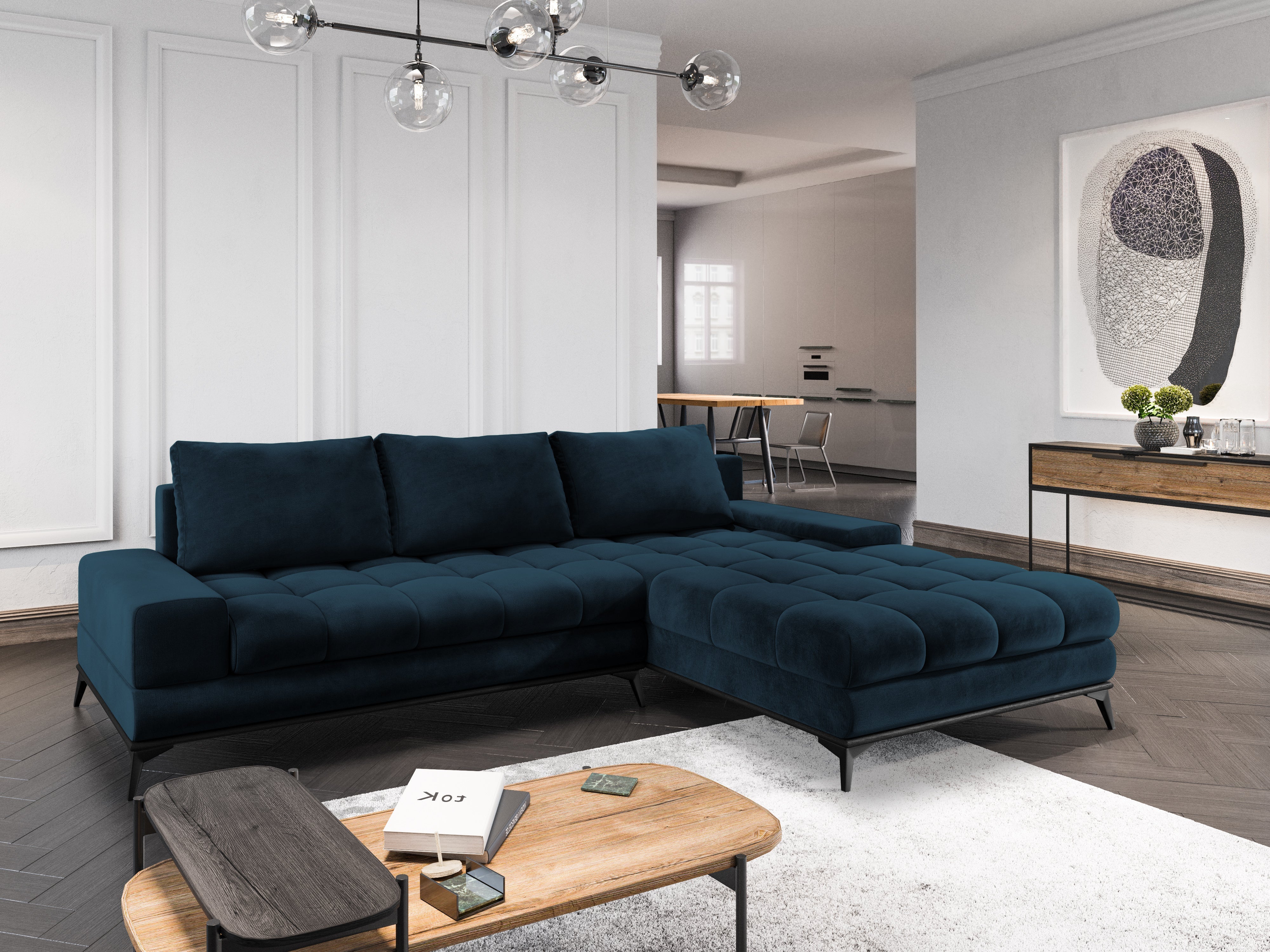 Velvet corner sofa with sleeping function right DENEB navy blue