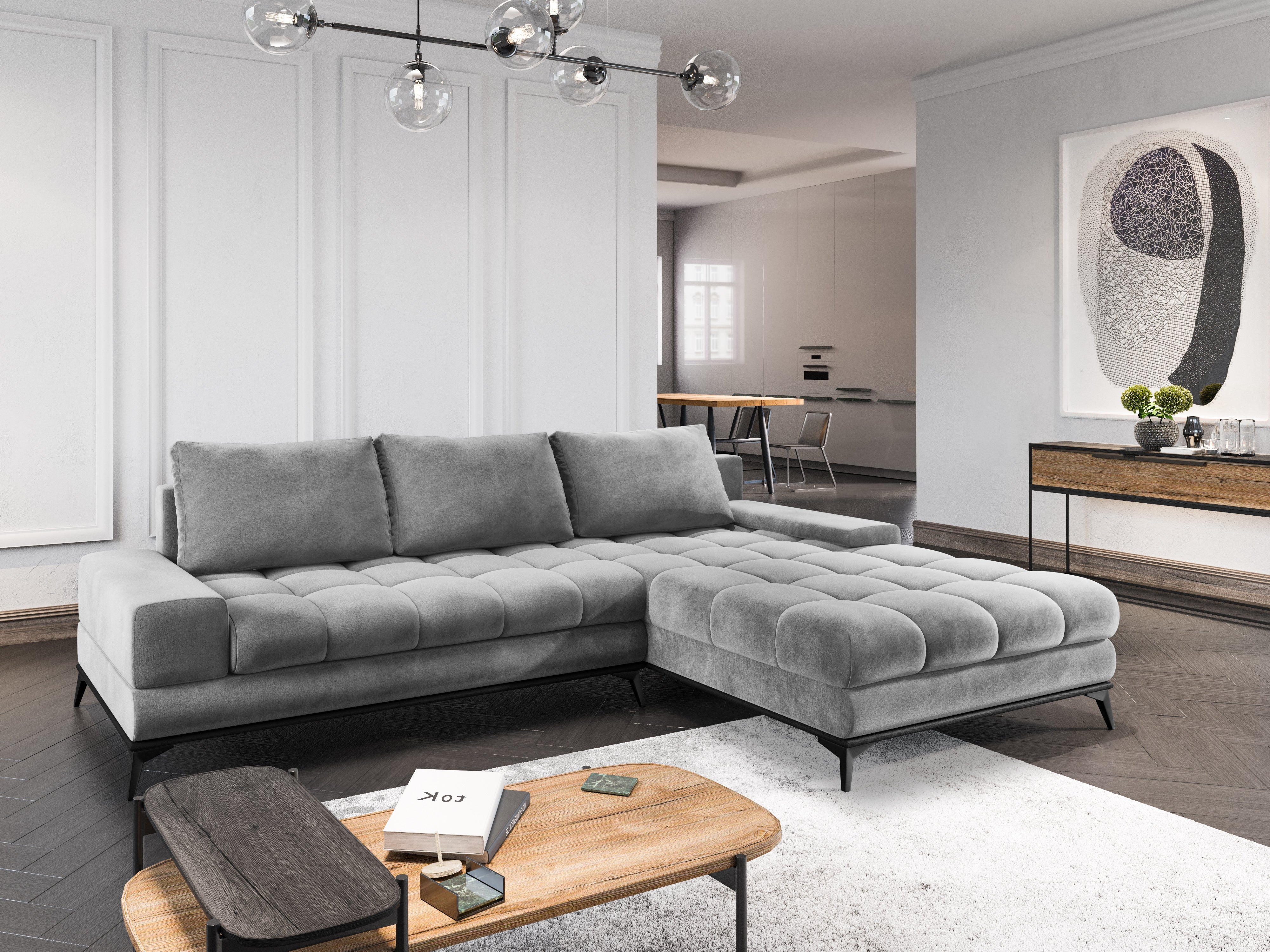 Velvet corner sofa with sleeping function right DENEB light grey