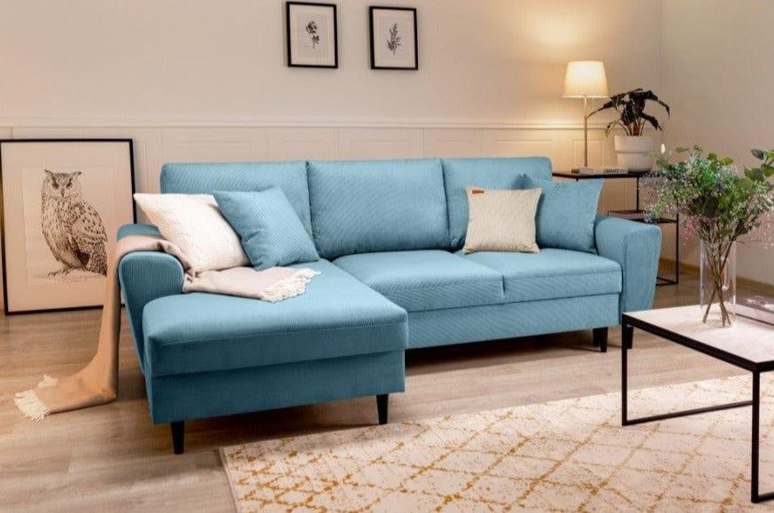 Left-hand corner sofa corduroy with sleeping function KYOTO light blue