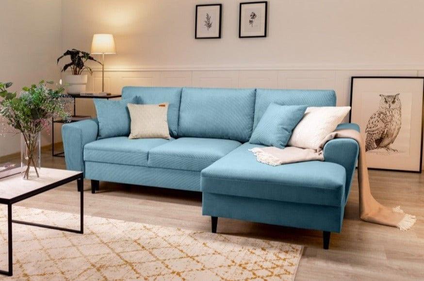 Right-hand corner sofa corduroy with sleeping function KYOTO light blue