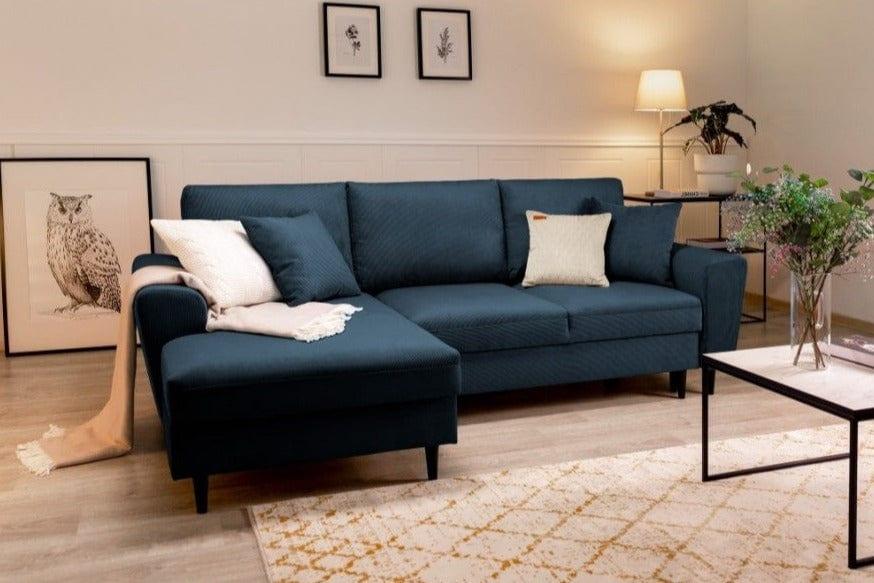 Left-hand corner sofa corduroy with sleeping function KYOTO dark blue