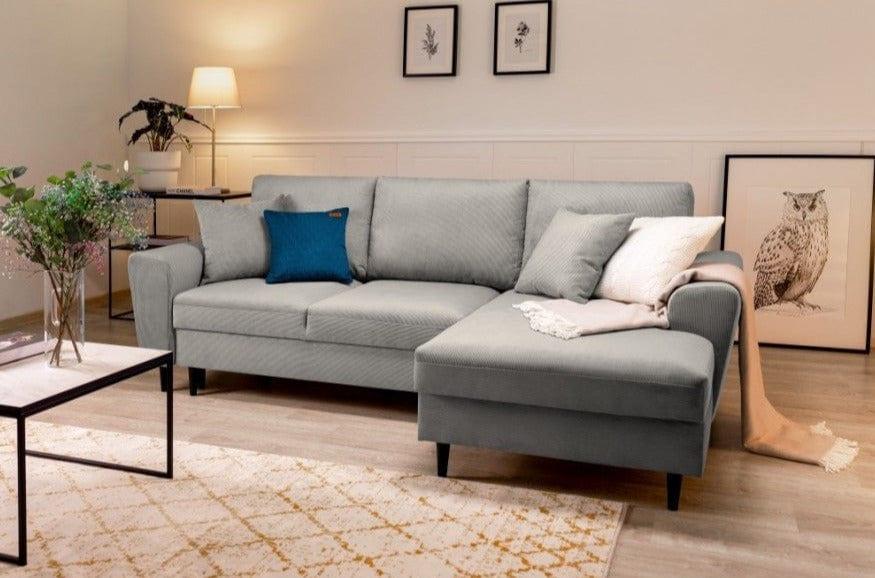 Right-hand corner sofa corduroy with sleeping function KYOTO light grey
