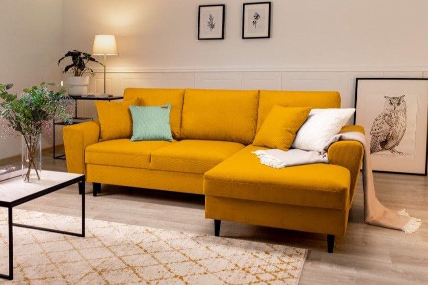 Right-hand corner sofa corduroy with sleeping function KYOTO yellow