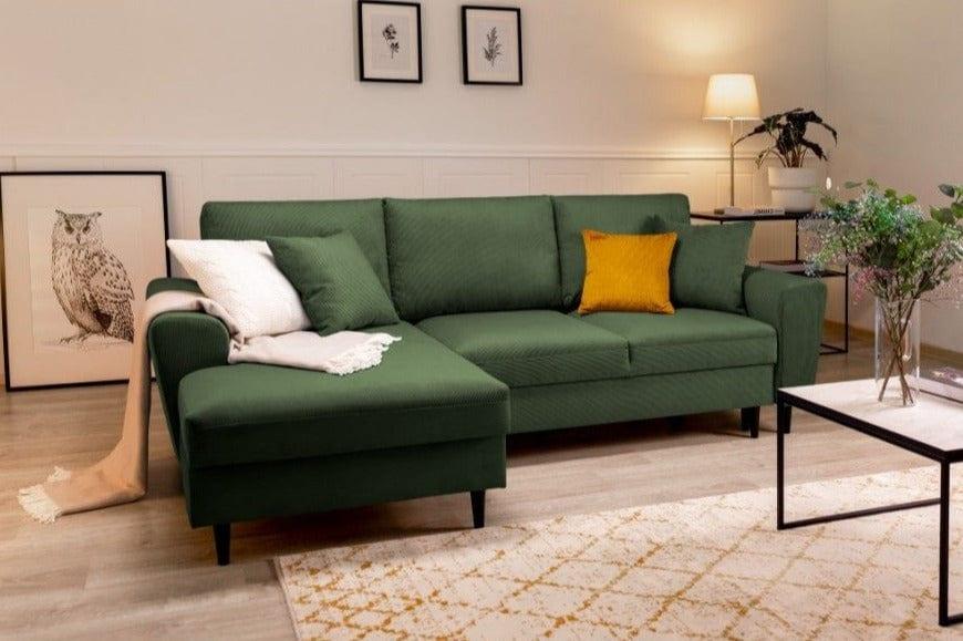Left-hand corner sofa corduroy with sleeping function KYOTO dark green