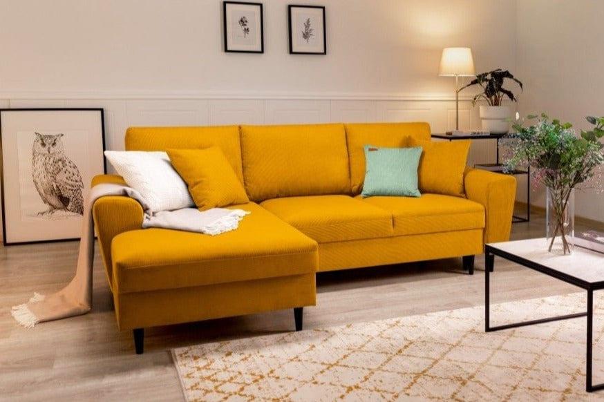 Left-hand corner sofa corduroy with sleeping function KYOTO yellow