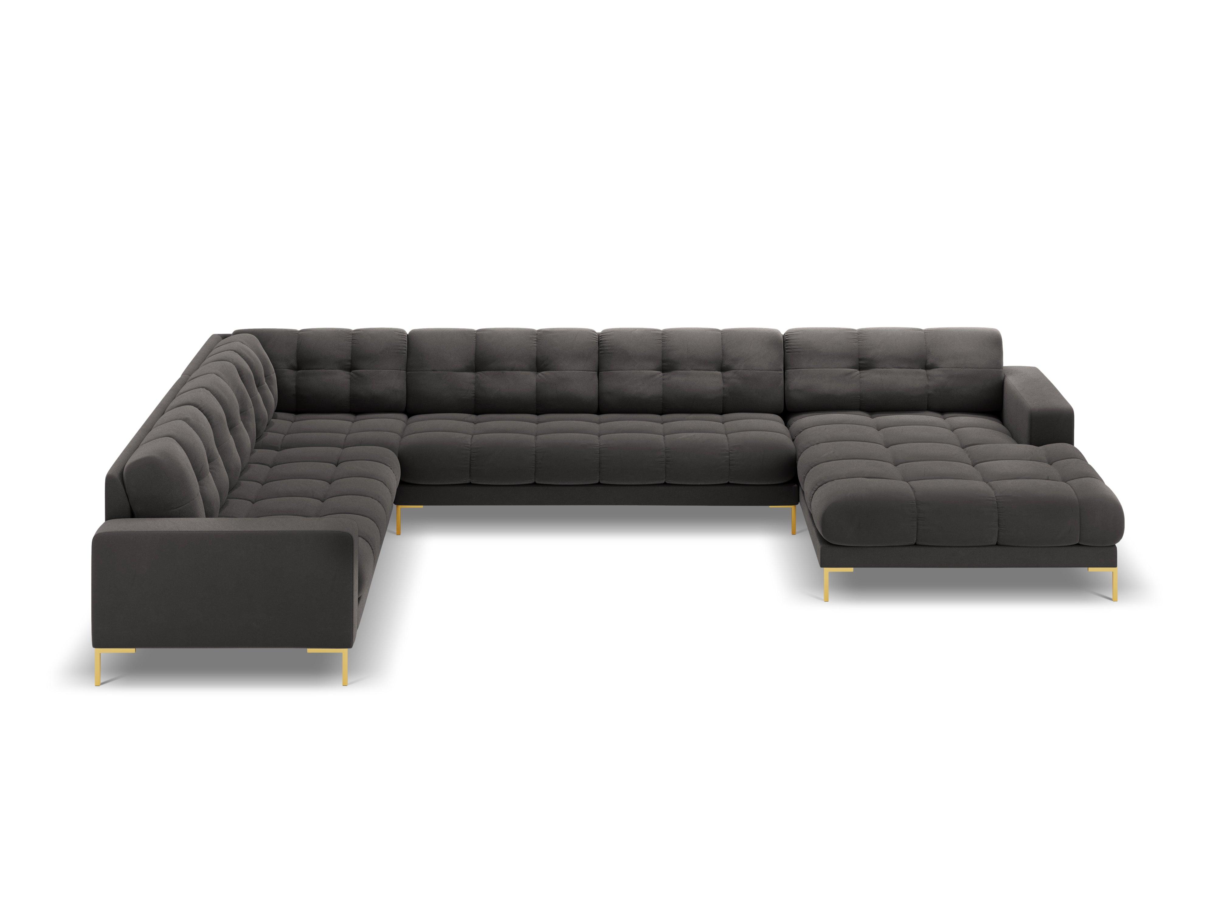 Panoramic velvet sofa left side 7 seater BALI dark grey with gold base - Eye on Design